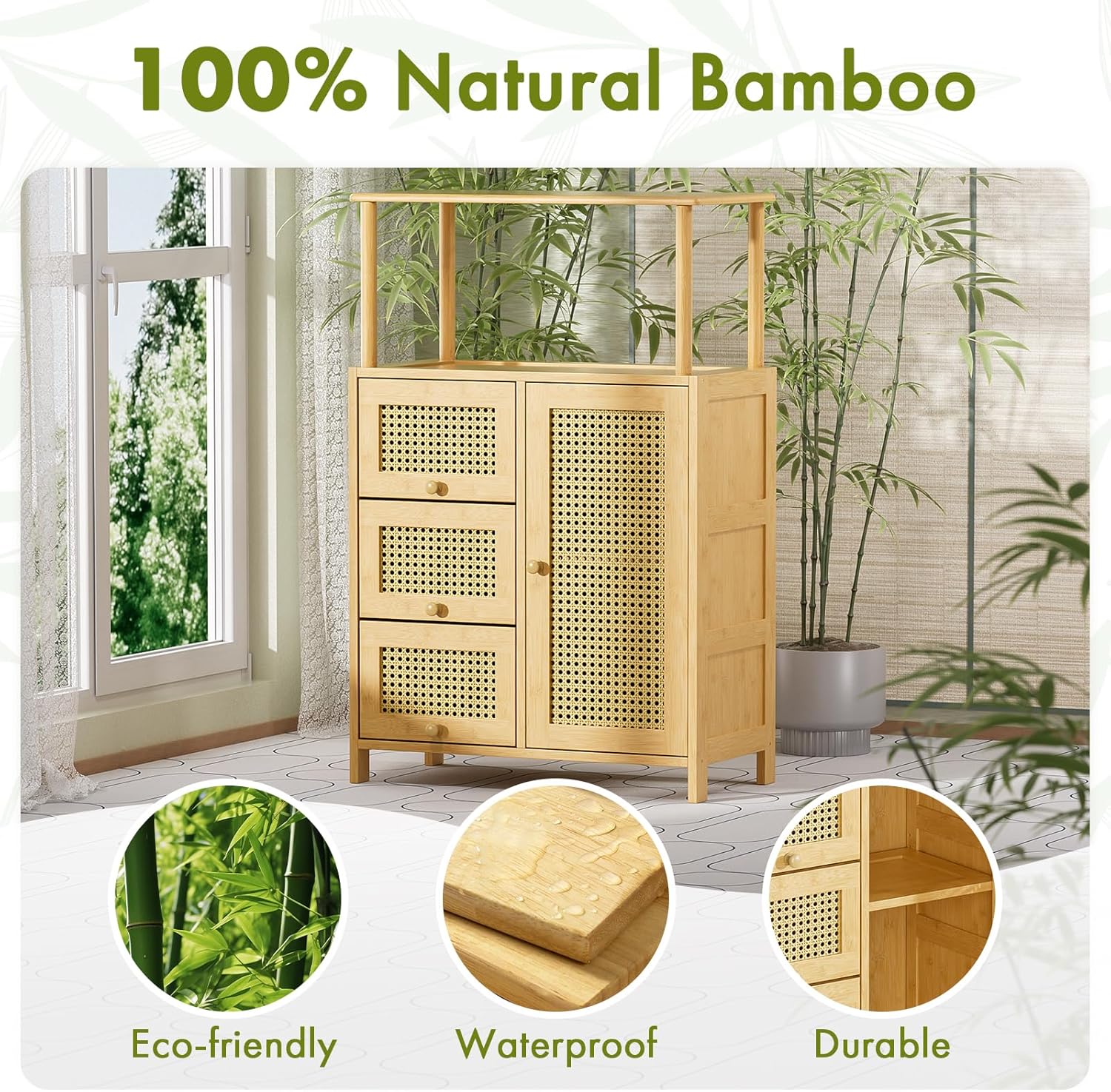 Natural Bamboo Rattan Sideboard Cabinet with Adjustable Shelf for Home Storage