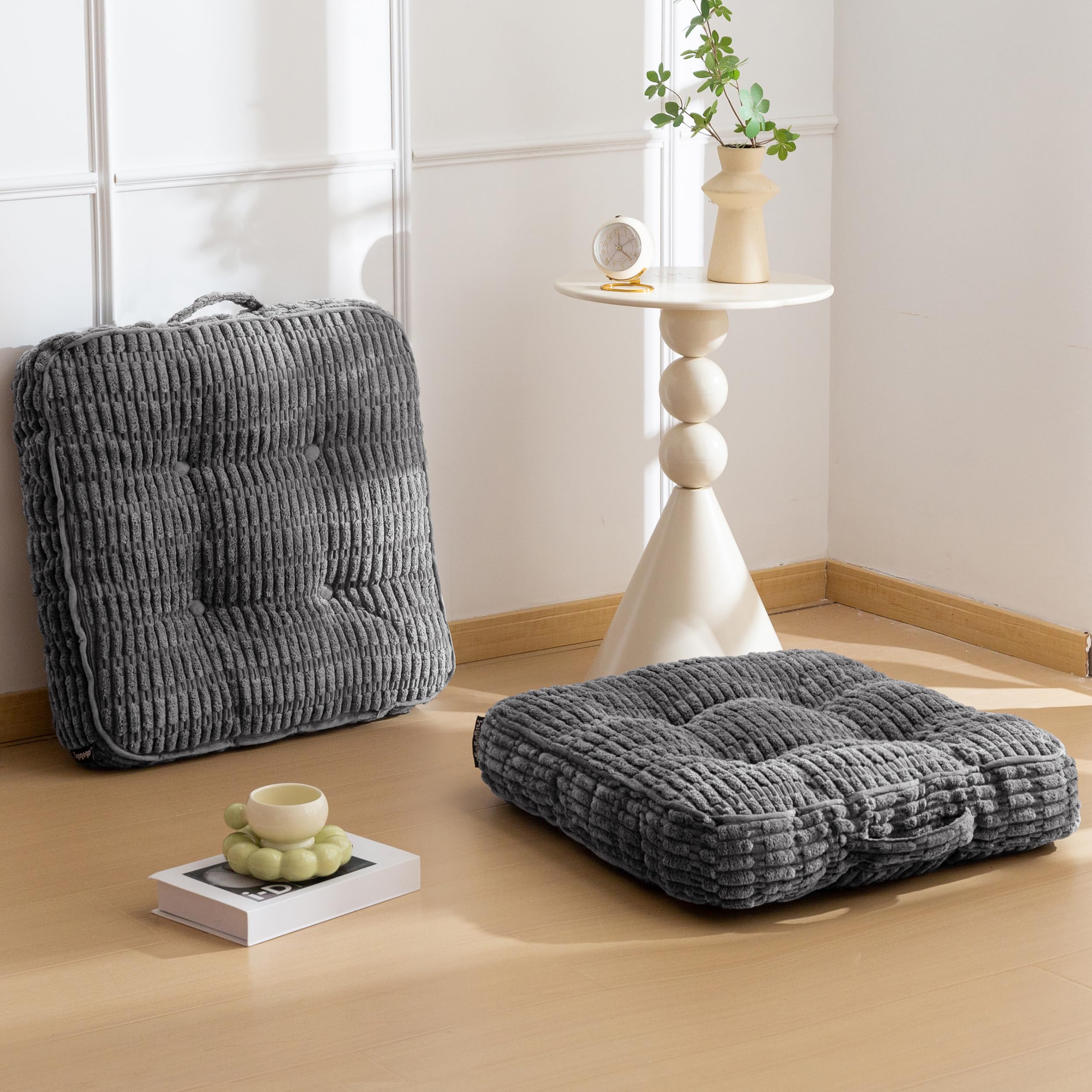 HIGOGOGO 6" Floor Pillow Cushion for Adults, Meditation Cushion Pillow, Blended Corduroy Cover, Large Square Floor Sitting for Tatami Living Room or Yoga, 2Pack, Dark Grey