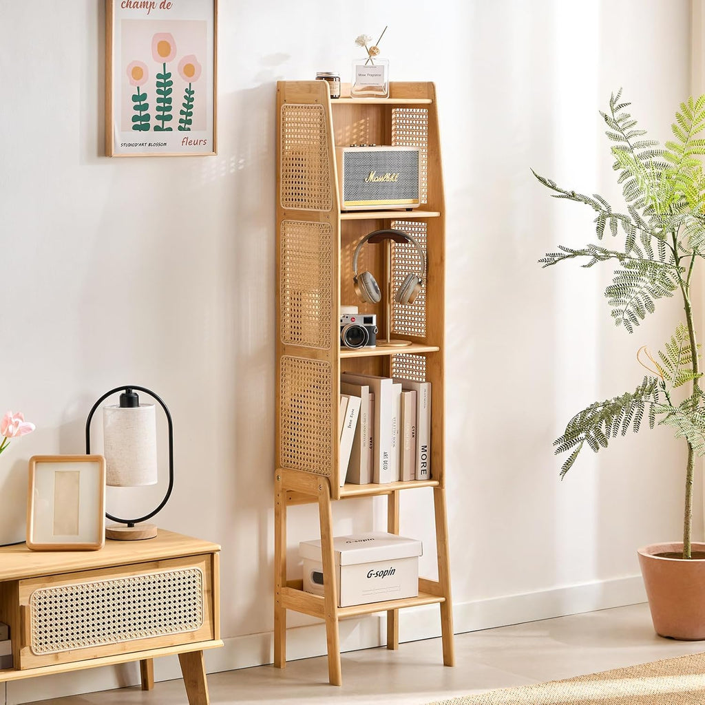 Welnow Bamboo Rattan Bookcase with Cabinet, 3-Tier Storage Shelf with Side Table & End Table Function, Large Modern Wood Organizer for Living Room or Bedroom, Natural Bookshelf