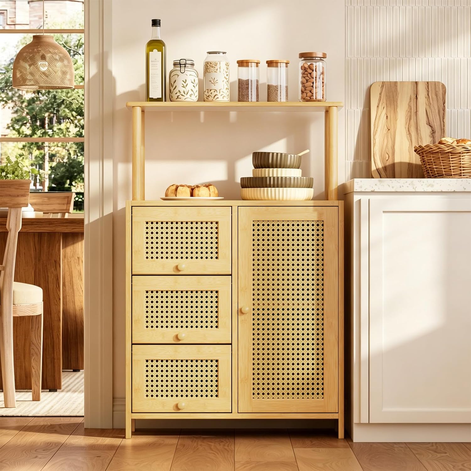 Natural Bamboo Rattan Sideboard Cabinet with Adjustable Shelf for Home Storage