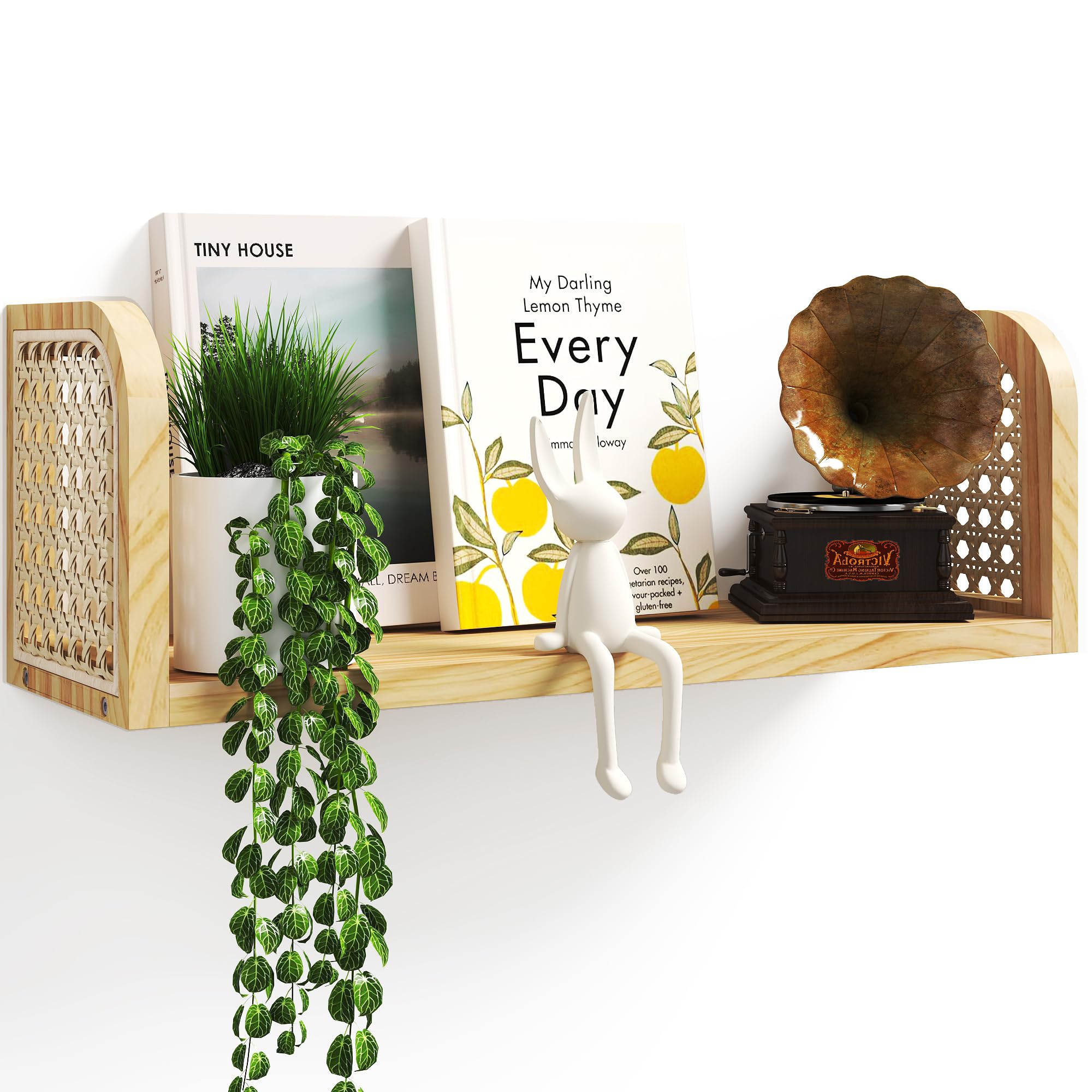 Rattan Shelf Set of 2, Cute Nursery Shelves Wall Mounted, Natural Hanging Bookshelf Storage, Boho Decorative Floating Shelves for Kids Room, Living Room, Play Room, Bedroom, Home Decor