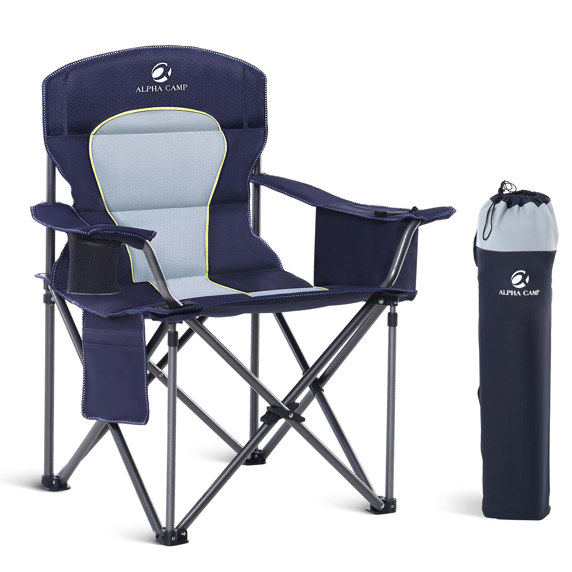 LET'S CAMP Folding Camping Chair Oversized Heavy Duty Padded Outdoor Chair with Cup Holder Storage and Cooler Bag, 450 LBS Weight Capacity, Thicken 600D Oxford
