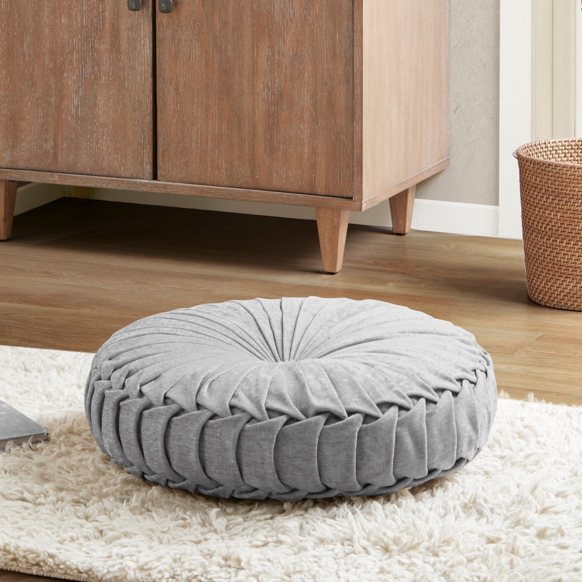 Intelligent Design Large Floor Pillow for Adults Yoga or Meditation Cushion with Handle, Floor Cushion for Board Games, Lustrous Chenille Tufted, Handsewn Scalloped Edge, Azza, 24" x 24" x 5" Ivory