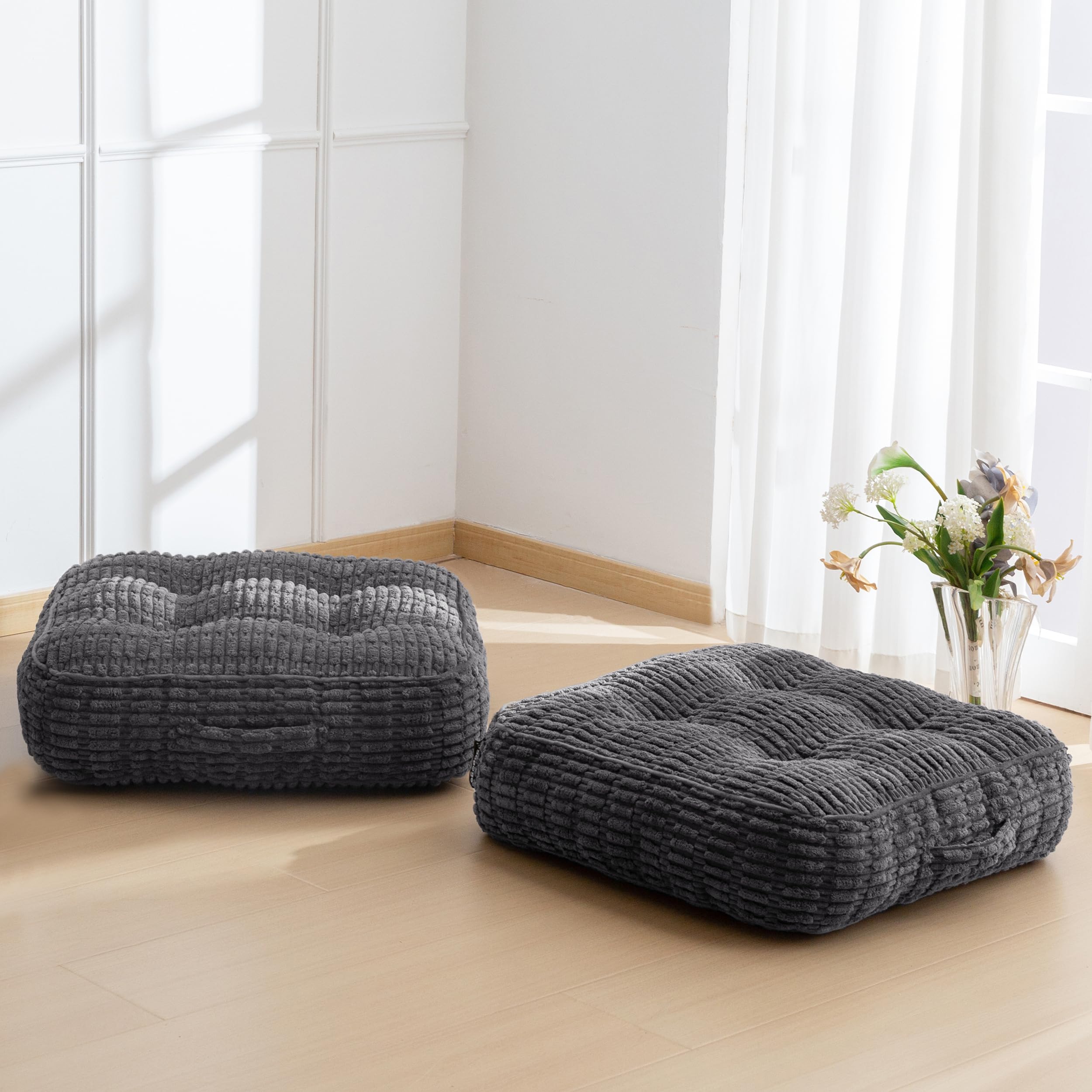 HIGOGOGO 6" Floor Pillow Cushion for Adults, Meditation Cushion Pillow, Blended Corduroy Cover, Large Square Floor Sitting for Tatami Living Room or Yoga, 2Pack, Dark Grey