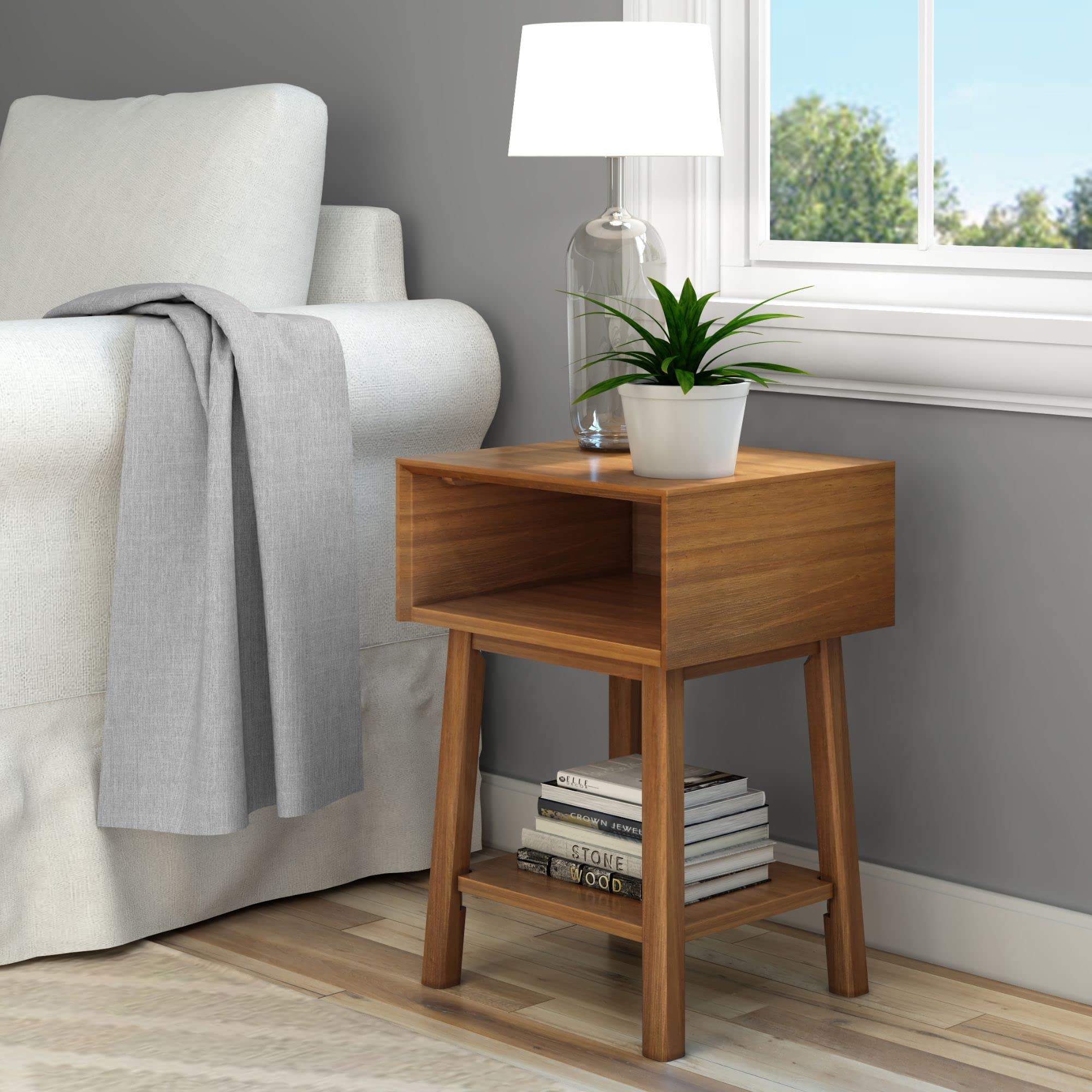 Plank+Beam Mid Century Modern Rectangular Side Table, End Table for Living Room, Wooden Bedside Table, Small End Table for Office Space, Walnut