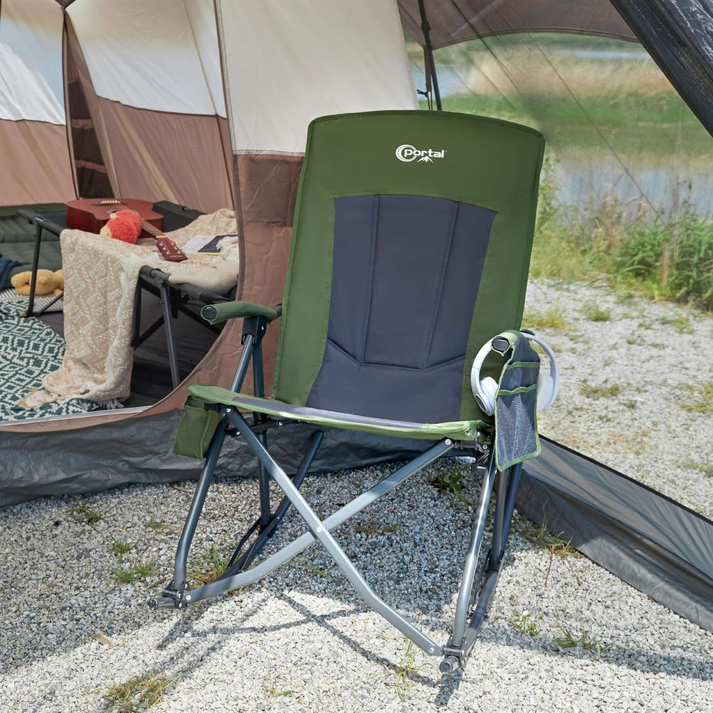 Portal Oversized Folding Rocking Camping Chair Portable Outdoor Rocker with High Back Hard Armrests Carry Bag, Supports 400 lbs