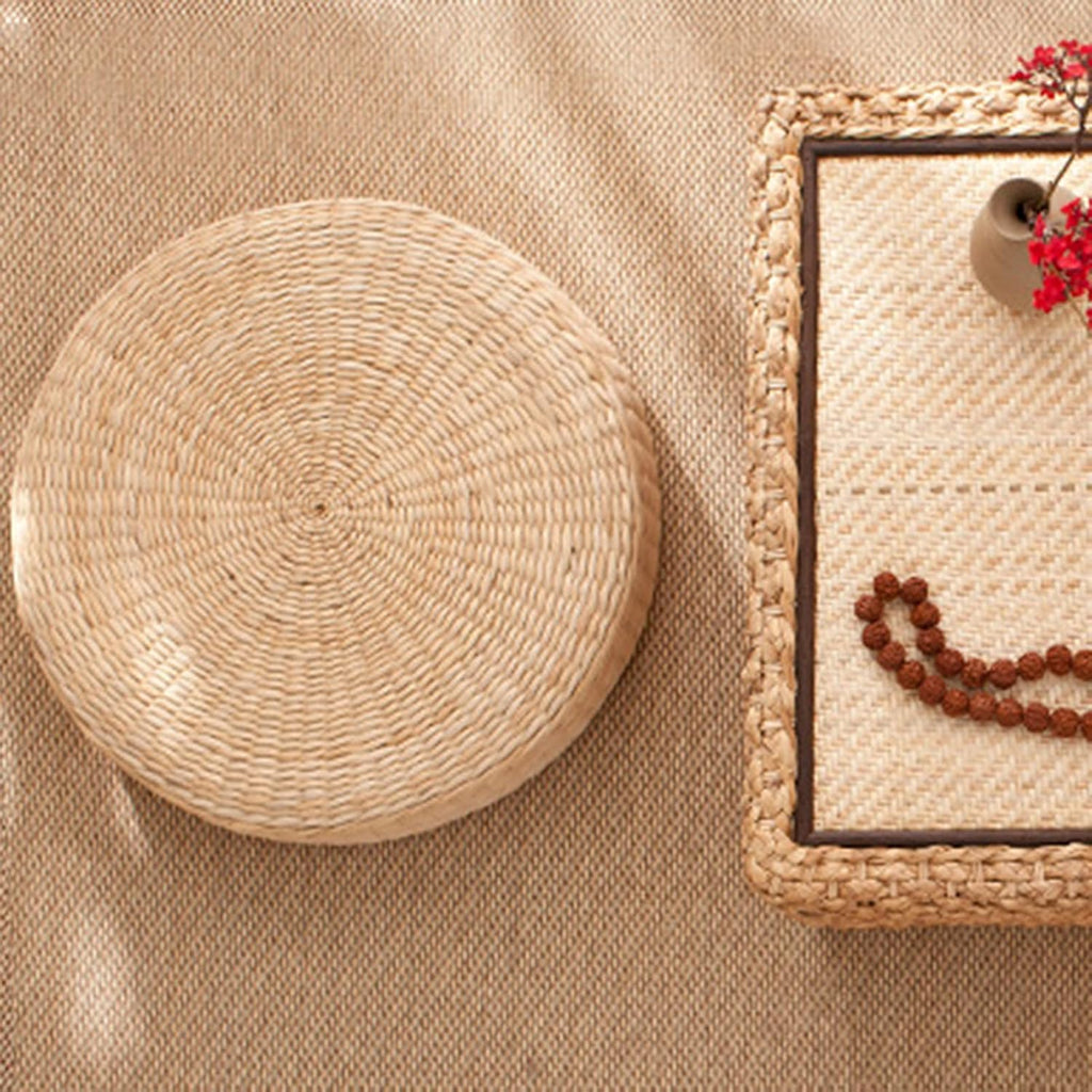 Floor Cushion, Round Braided Straw Meditation Pillow, 2" Thick Seat Cushion for Yoga, Indoor Outdoor Use, Natural Style Floor Pillow (17.3")