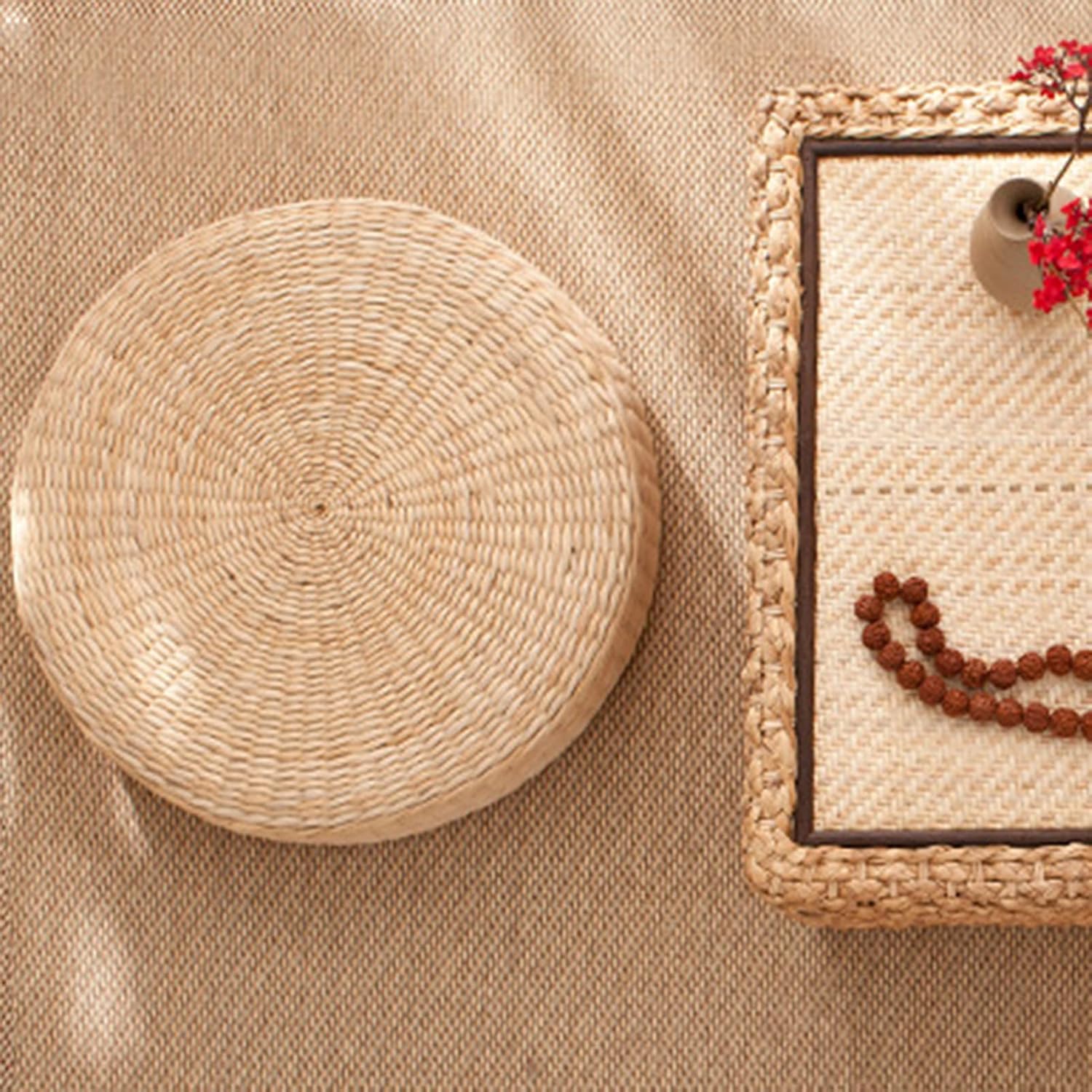 Floor Cushion, Round Braided Straw Meditation Pillow, 2" Thick Seat Cushion for Yoga, Indoor Outdoor Use, Natural Style Floor Pillow (17.3")