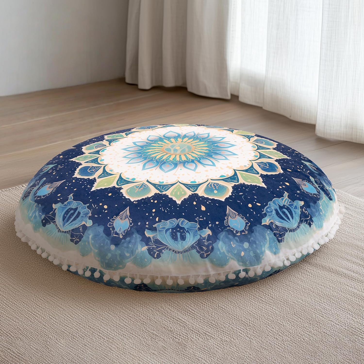 Meditation Cushion 32 Inch Round, Large Floor Pillow Seating for Adults, Bohemian Mandala Yoga Cushion, Extra Thick Memory Foam Removable Washable Cover, Ideal Gift & Holiday Decor, Green