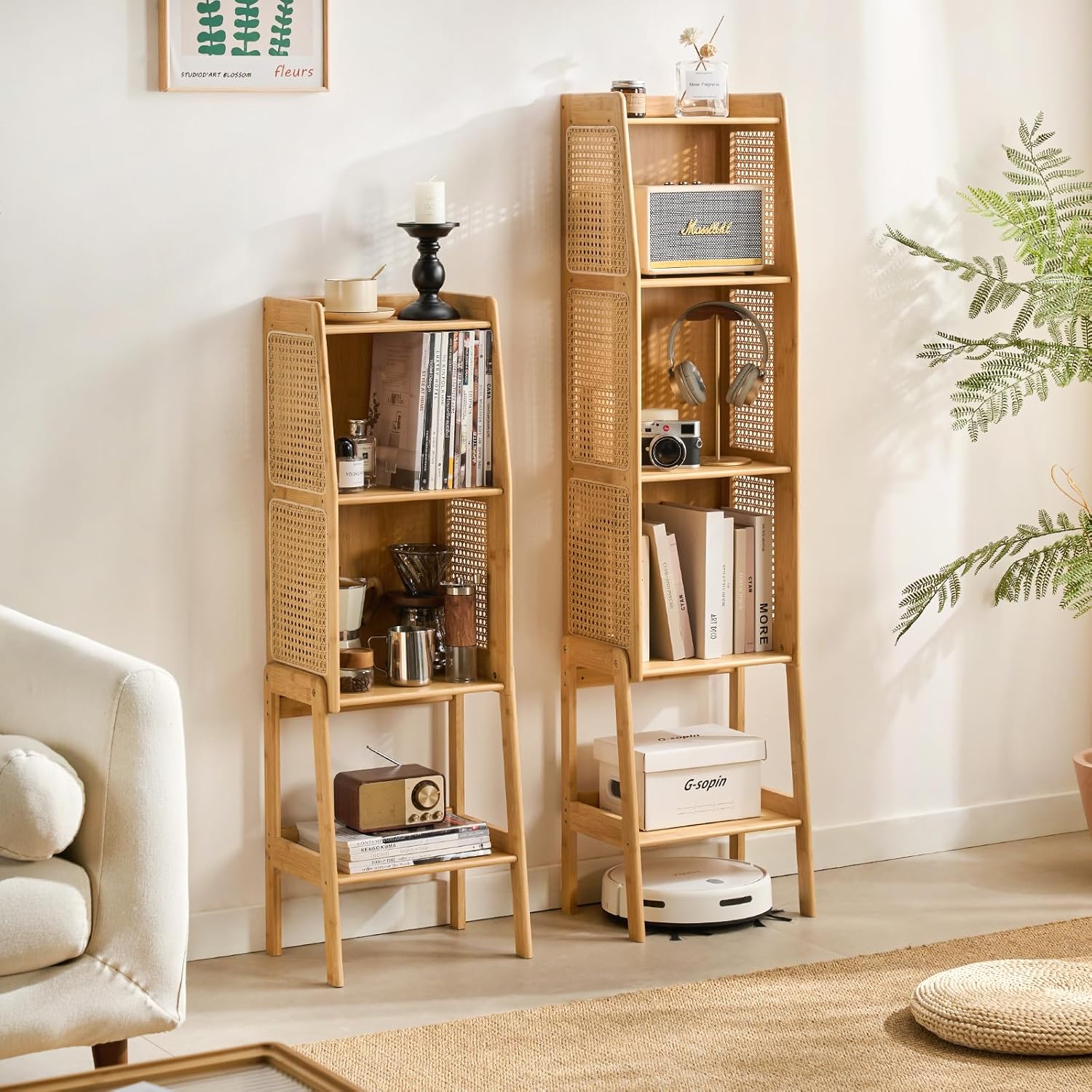Welnow Bamboo Rattan Bookcase with Cabinet, 3-Tier Storage Shelf with Side Table & End Table Function, Large Modern Wood Organizer for Living Room or Bedroom, Natural Bookshelf