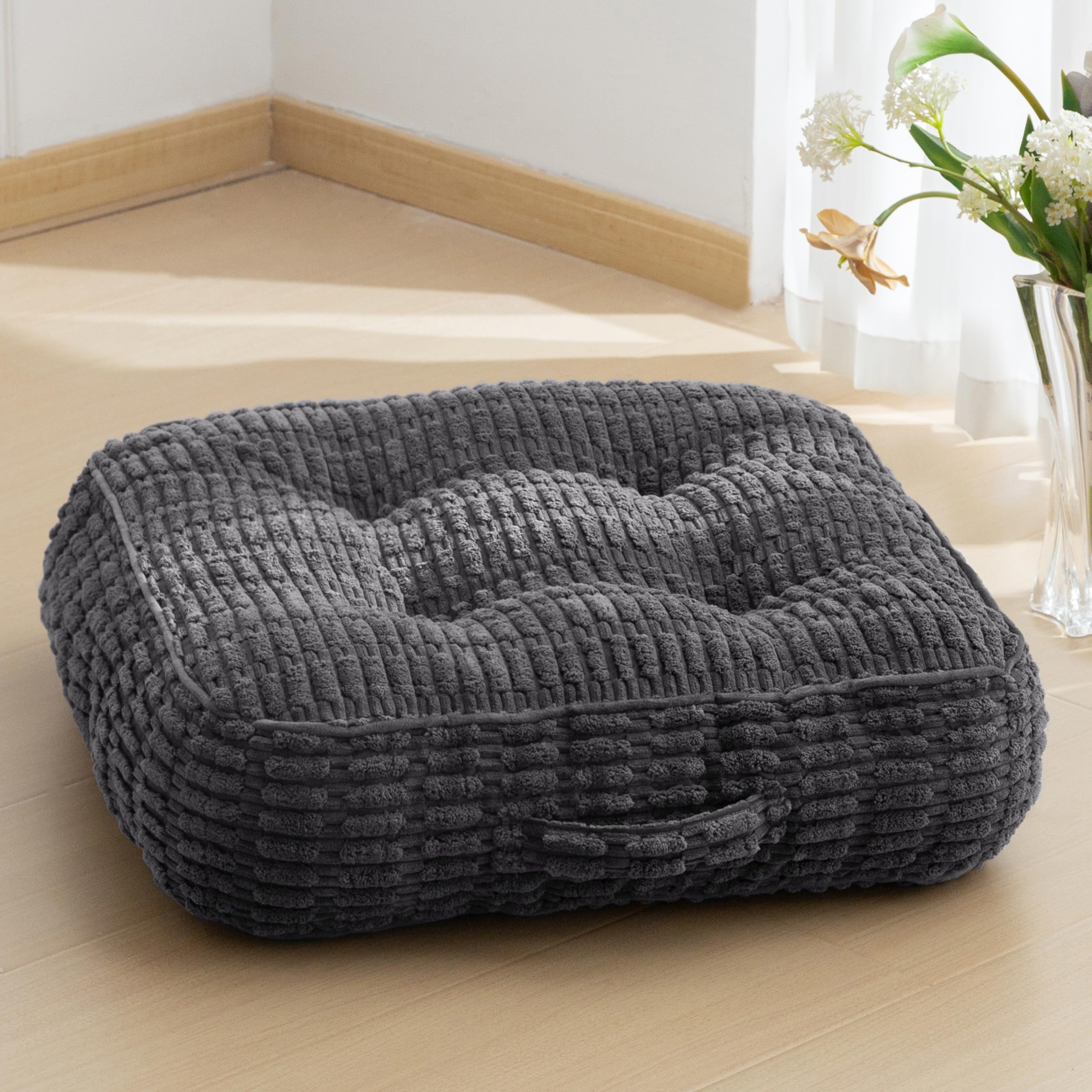 HIGOGOGO 6" Floor Pillow Cushion for Adults, Meditation Cushion Pillow, Blended Corduroy Cover, Large Square Floor Sitting for Tatami Living Room or Yoga, 2Pack, Dark Grey