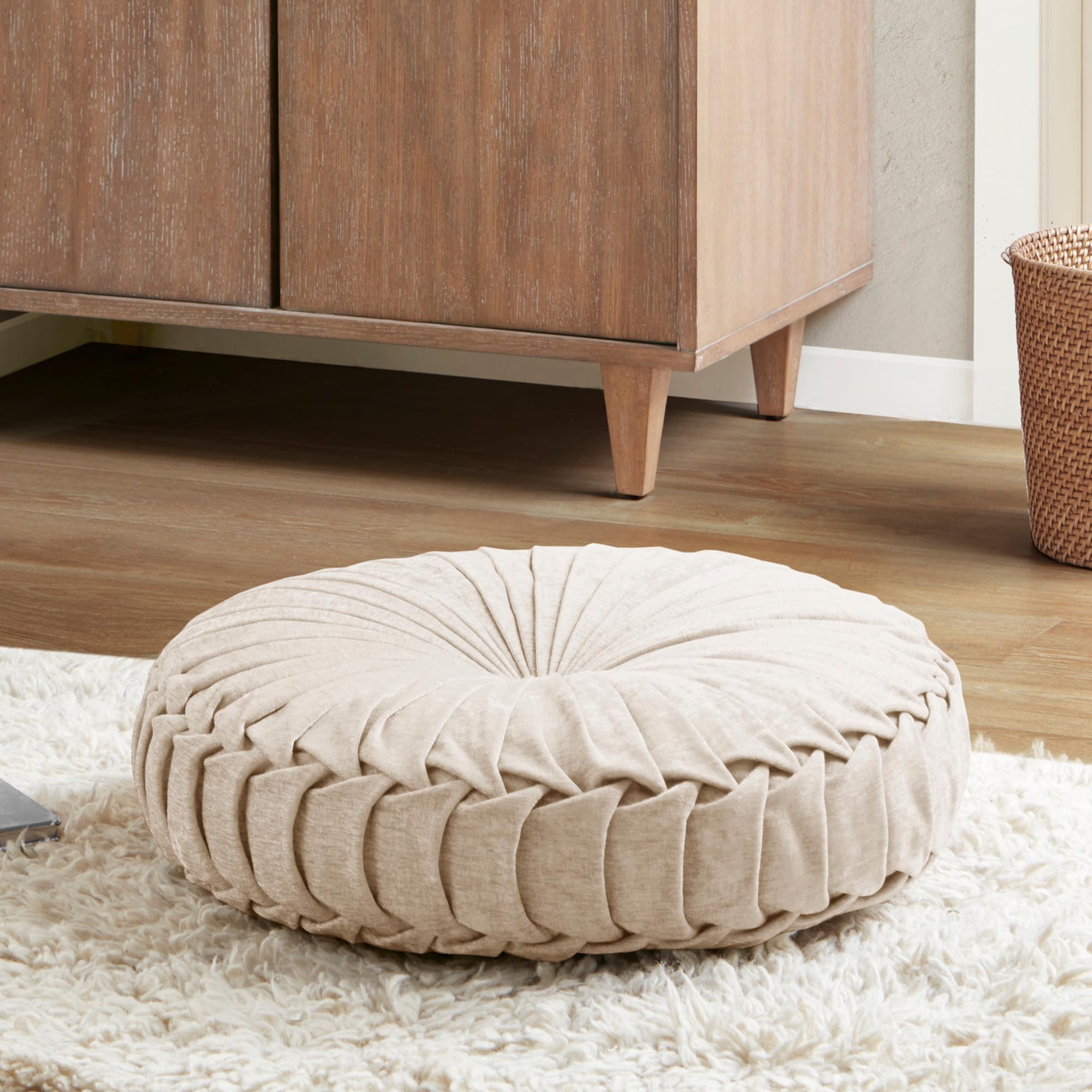Intelligent Design Large Floor Pillow for Adults Yoga or Meditation Cushion with Handle, Floor Cushion for Board Games, Lustrous Chenille Tufted, Handsewn Scalloped Edge, Azza, 24" x 24" x 5" Ivory