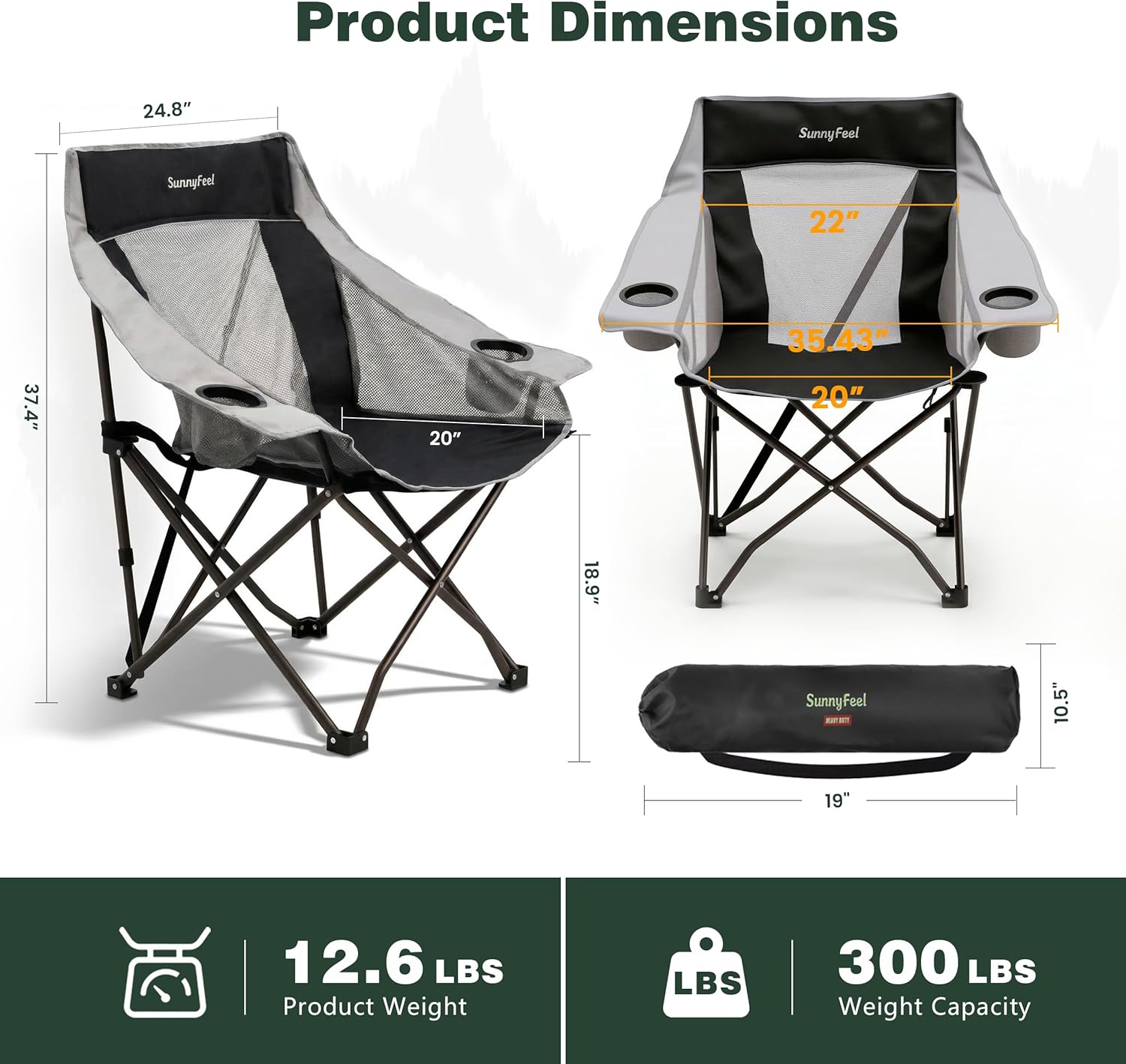 SUNNYFEEL Lightweight Oversized Camping Chairs for Adults Portable Folding Chair with Side Pockets & Cup Holde for Beach,Fishing,Trip,Picnic,Lawn,Concert Outdoor, Carry Bag Included