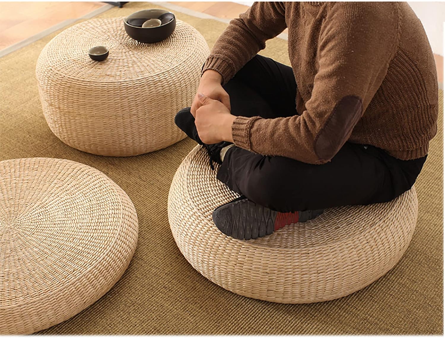 ZZenSmot Japanese Style Tatami Seat Cushion,Round Padded Floor Pillow Woven Straw Meditation Cushion,Handcrafted Rattan Futon Seat Cushion-Height:10cm Diameter:50cm (20inch)