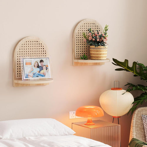 2Pcs Boho Rattan Floating Wall Shelves for Display & Storage