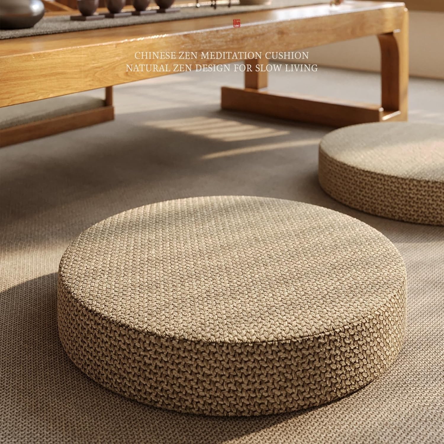 Floor Cushion - Thick, Washable, Removable Cover Tatami Mat, Meditation Pillow for Windowsill, Balcony, Floor Seating (Beige, Dia 24'')