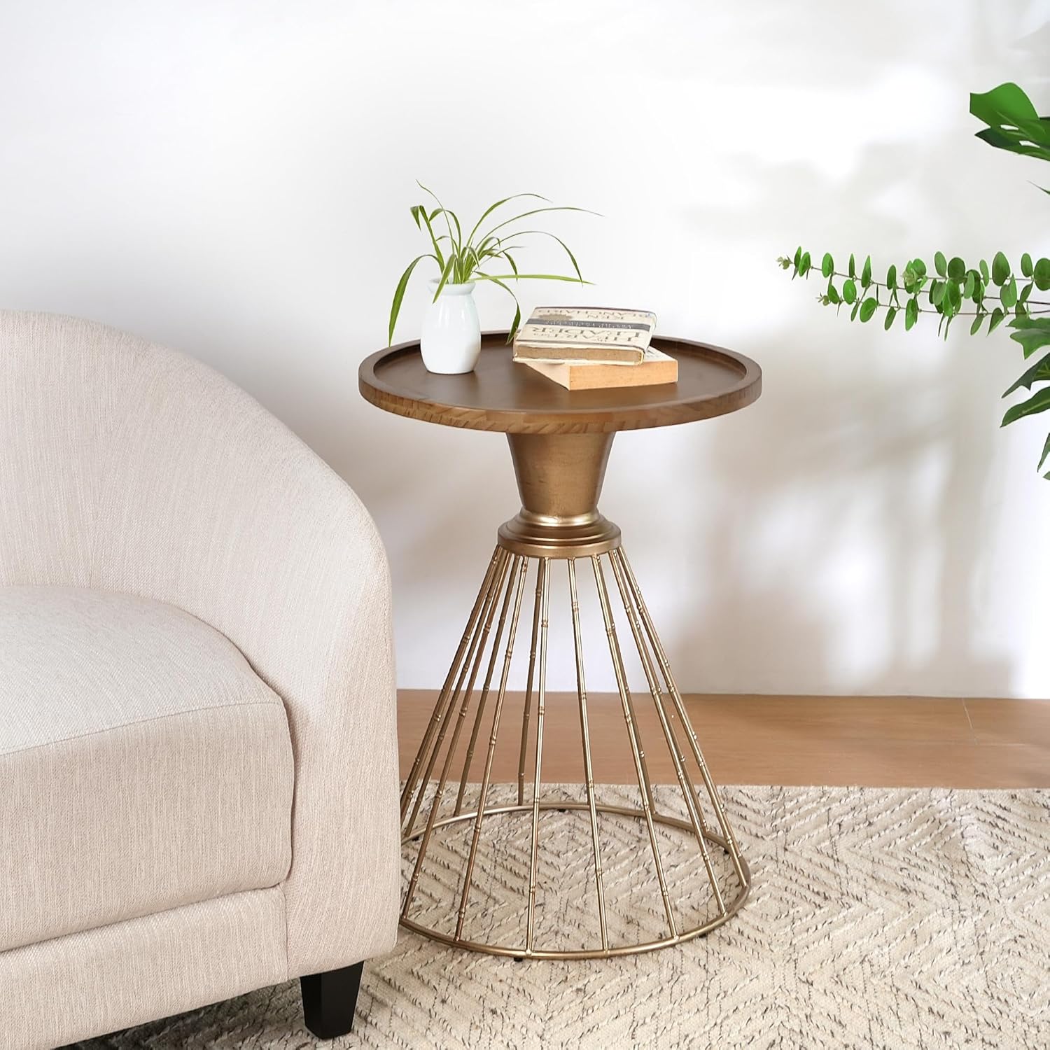 Penau Hollow Edge Retro Art Pine Side Table, Antique Gold Metal Frame with Natural Pine Top, Mid-Century Floating Round Accent Table, 25 x 18 x 18 Inchs, 110 lb Capacity
