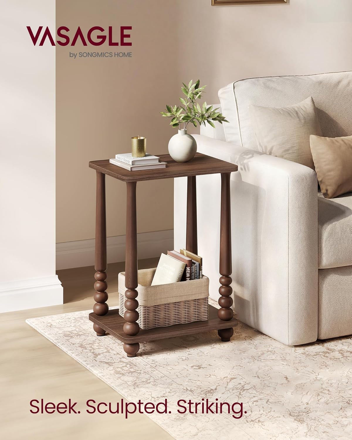 VASAGLE Mariel Collection - Side Table, Accent Nightstand for Small Spaces, Rectangular End Table with Shelf, Solid Wood Legs, Mid-Century Modern, Living Room Bedroom, Chestnut Walnut ULET294KX01S