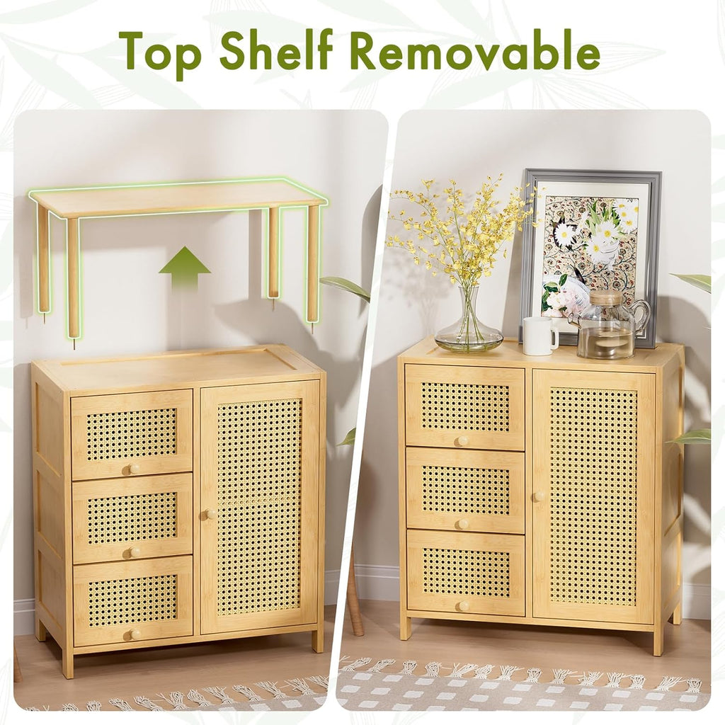 Natural Bamboo Rattan Sideboard Cabinet with Adjustable Shelf for Home Storage