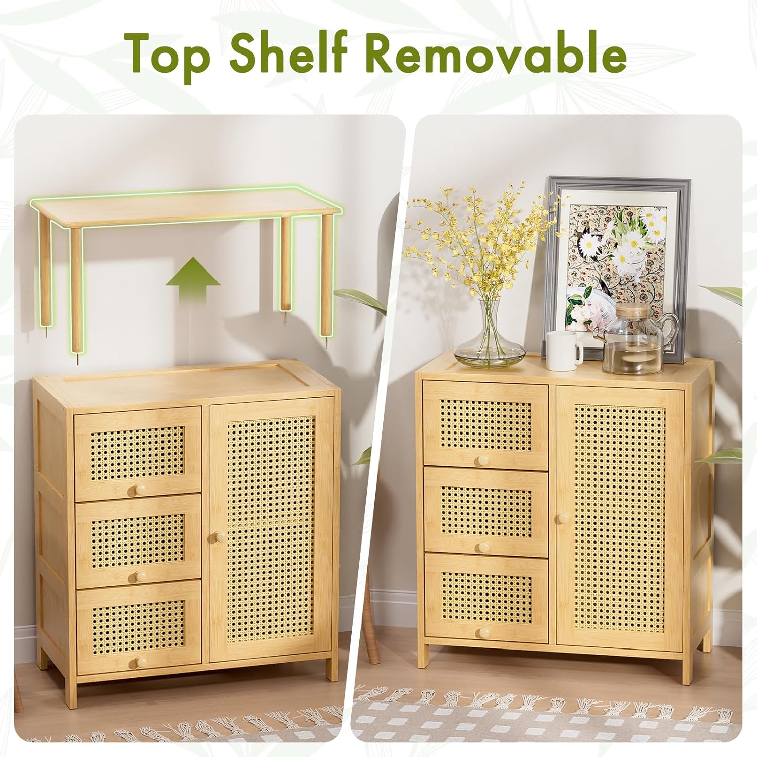 Natural Bamboo Rattan Sideboard Cabinet with Adjustable Shelf for Home Storage
