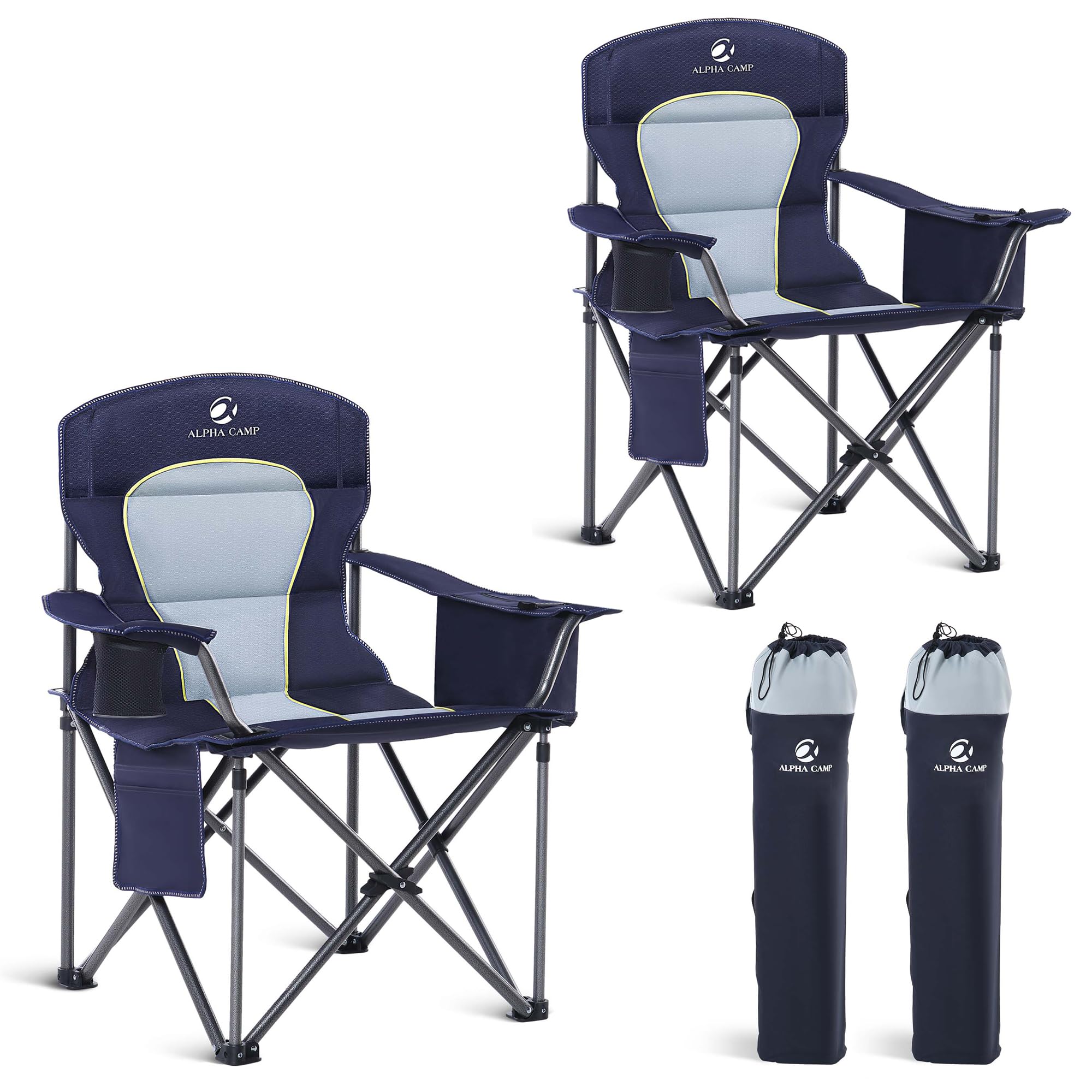 LET'S CAMP Folding Camping Chair Oversized Heavy Duty Padded Outdoor Chair with Cup Holder Storage and Cooler Bag, 450 LBS Weight Capacity, Thicken 600D Oxford