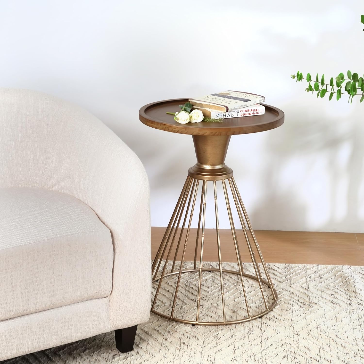 Penau Hollow Edge Retro Art Pine Side Table, Antique Gold Metal Frame with Natural Pine Top, Mid-Century Floating Round Accent Table, 25 x 18 x 18 Inchs, 110 lb Capacity