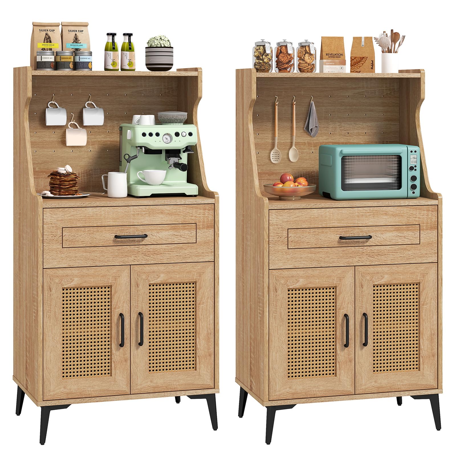LOKO 45.5” Kitchen Pantry Cabinet, Coffee Bar Cabinet with DIY Pegboard, Rattan Buffet Sideboard with Storage Drawer & Adjustable Shelf, Mid Century Modern Hutch Cabinet for Living Room, Oak (1)