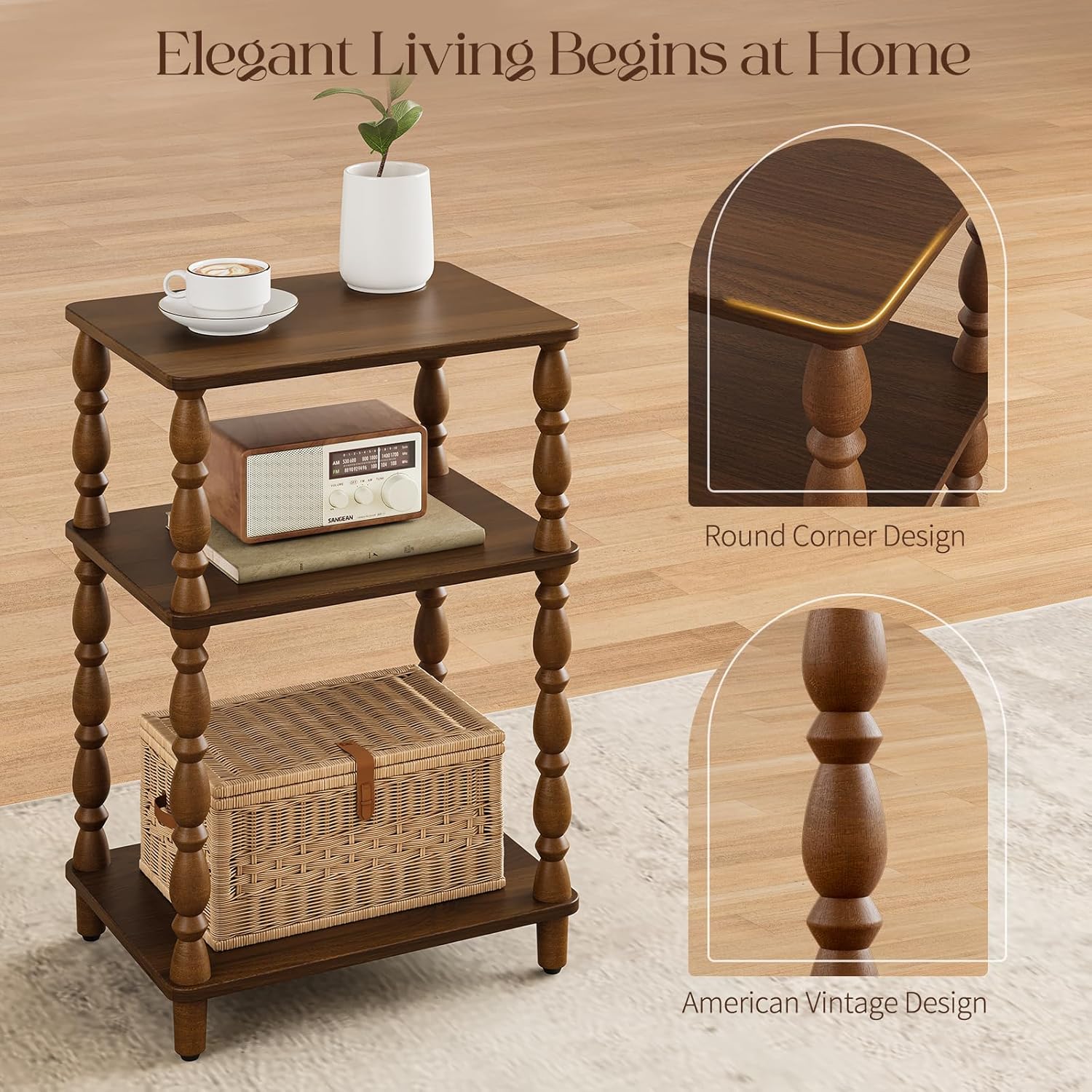 Yoobure Small Side Table - Vintage End Tables Living Room with Spindle Legs, Accent Night Stand with 3-Tier Storage Shelf, Wood Nightstand for Bedroom, Bedside Table for Narrow Spaces, Walnut