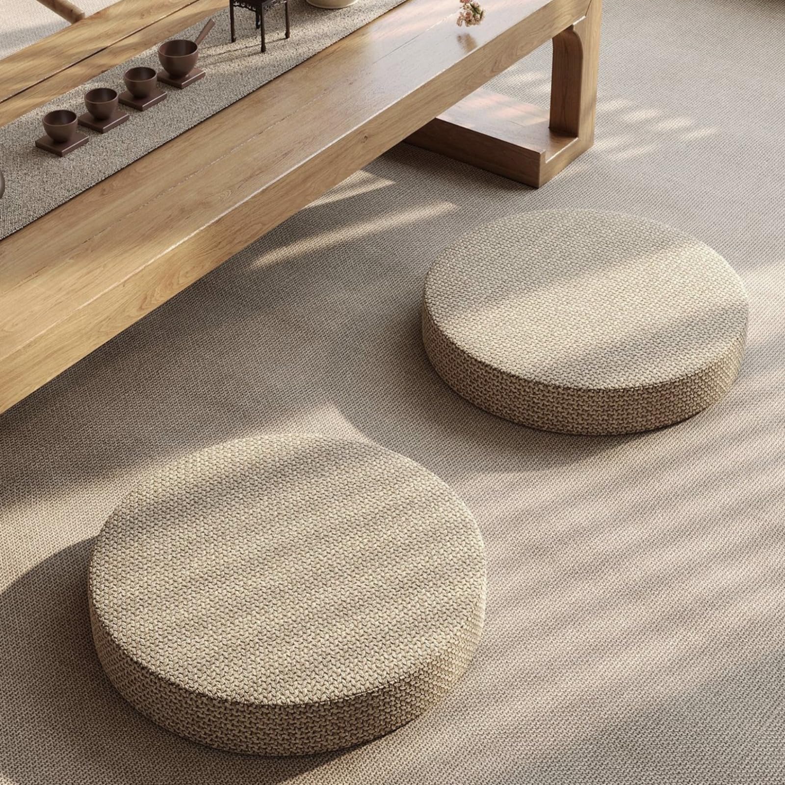 Floor Cushion - Thick, Washable, Removable Cover Tatami Mat, Meditation Pillow for Windowsill, Balcony, Floor Seating (Beige, Dia 24'')