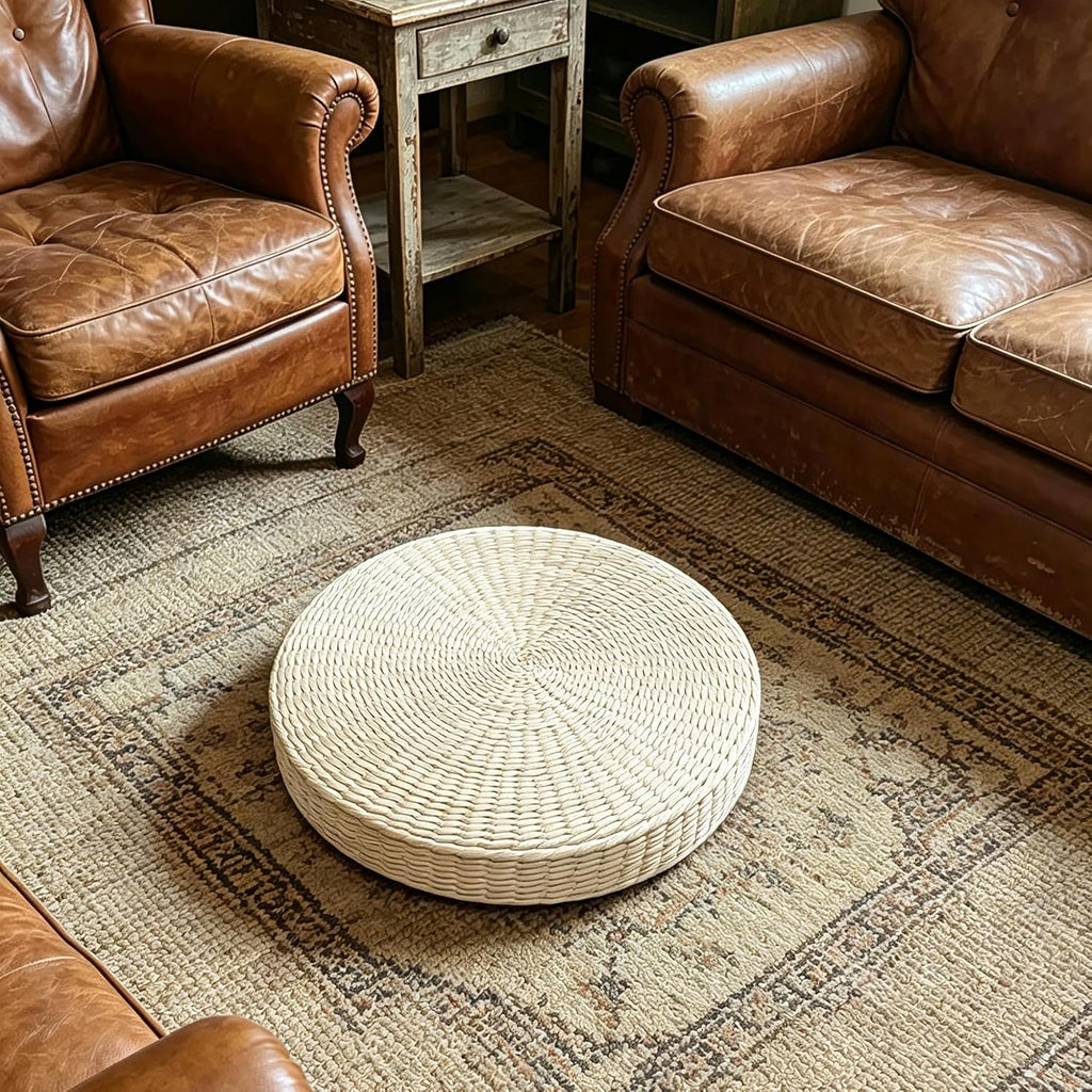 Large Round Tatami Floor Pillow, Handwoven Straw Meditation Floor Cushions for Living Room Yoga Window Seat Reading Nook Bedroom Outdoor Seat (Dia: 19.7")