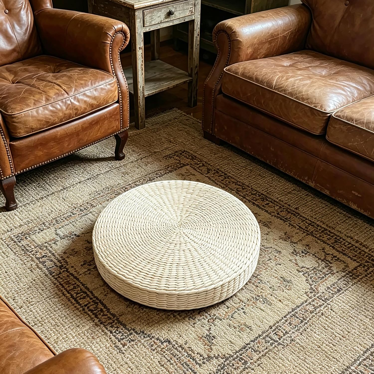 Large Round Tatami Floor Pillow, Handwoven Straw Meditation Floor Cushions for Living Room Yoga Window Seat Reading Nook Bedroom Outdoor Seat (Dia: 19.7")