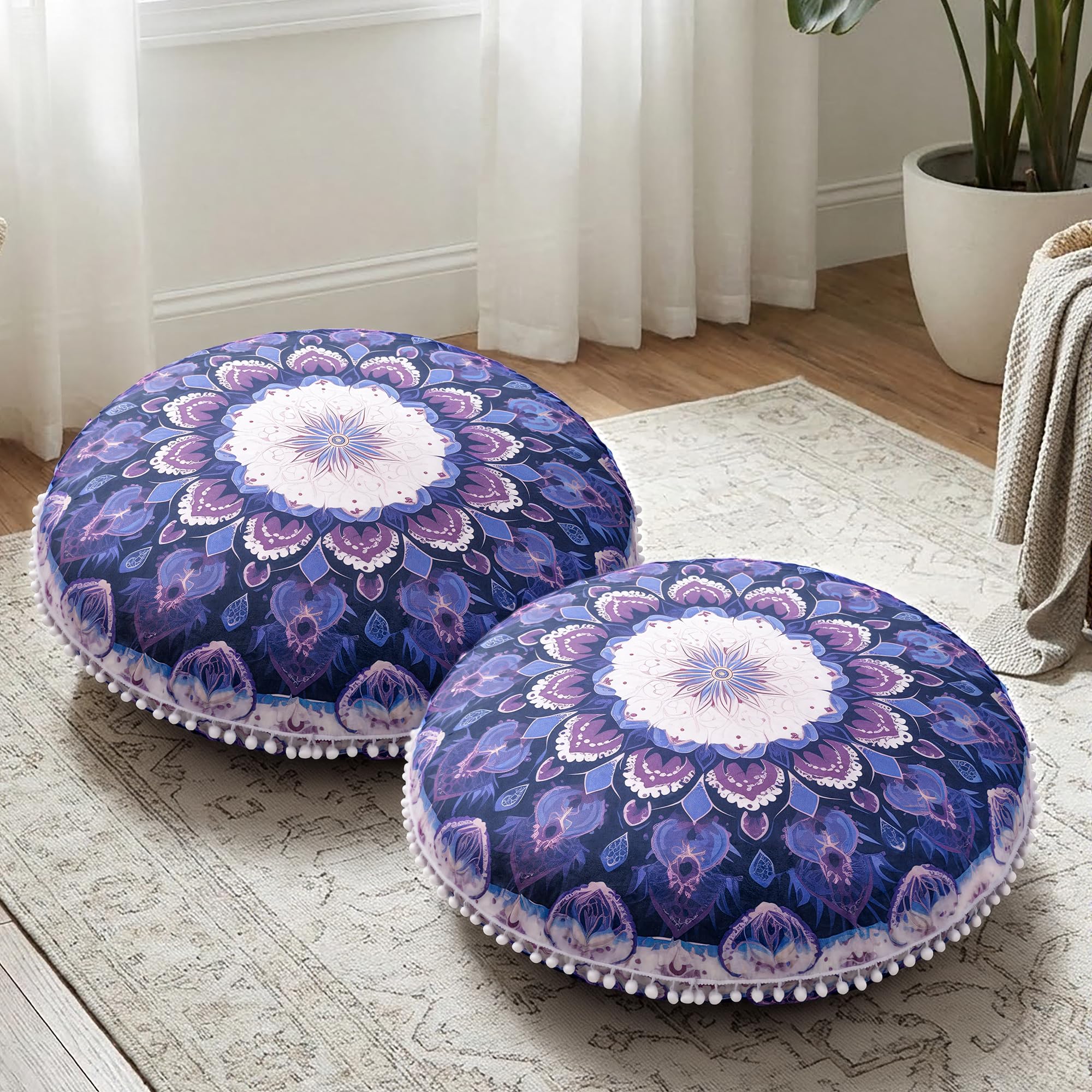 Meditation Cushion 32 Inch Round, Large Floor Pillow Seating for Adults, Bohemian Mandala Yoga Cushion, Extra Thick Memory Foam Removable Washable Cover, Ideal Gift & Holiday Decor, Green