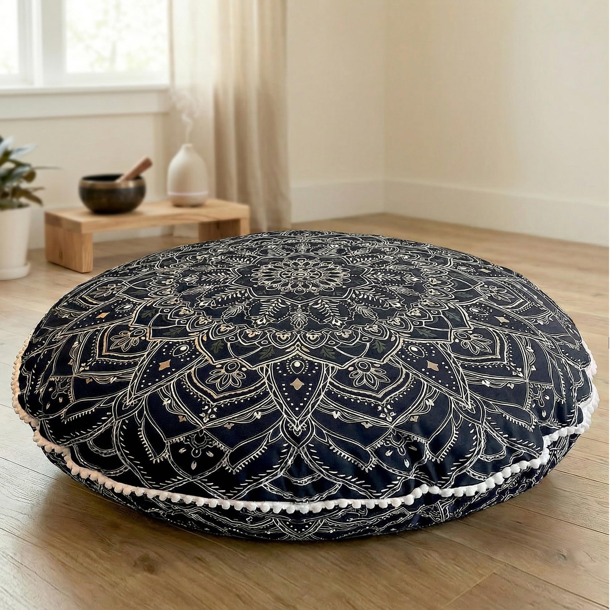 2Pcs 32 Inch Yellow Round Floor Pillows, Washable Memory Foam Meditation Cushions