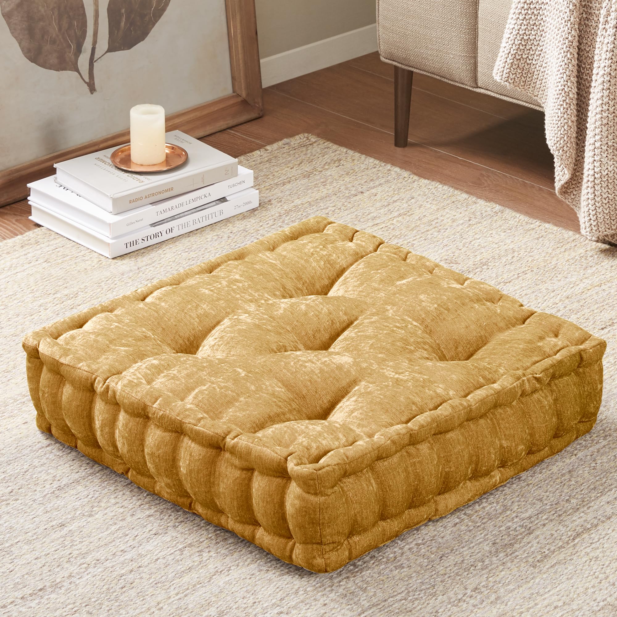 Intelligent Design Large Floor Pillow for Adults Yoga or Meditation Cushion with Handle, Floor Cushion for Board Games, Lustrous Chenille Tufted, Handsewn Scalloped Edge, Azza, 24" x 24" x 5" Ivory