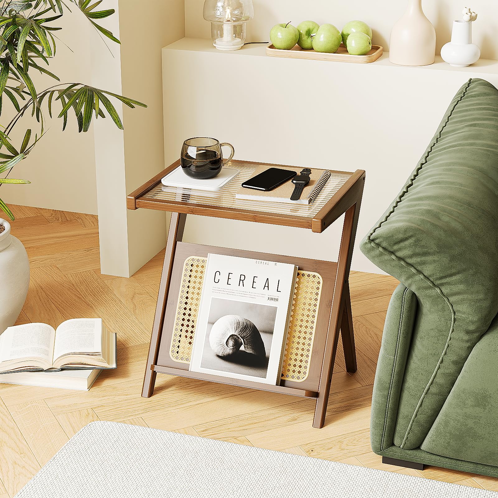 Bamworld Rattan Side Table Living Room Glasstop Night Stand Boho End Table 2-Tier with Storage Mid Century Modern Bedside Table for Small Spaces Narrow Coffee Table Bamboo