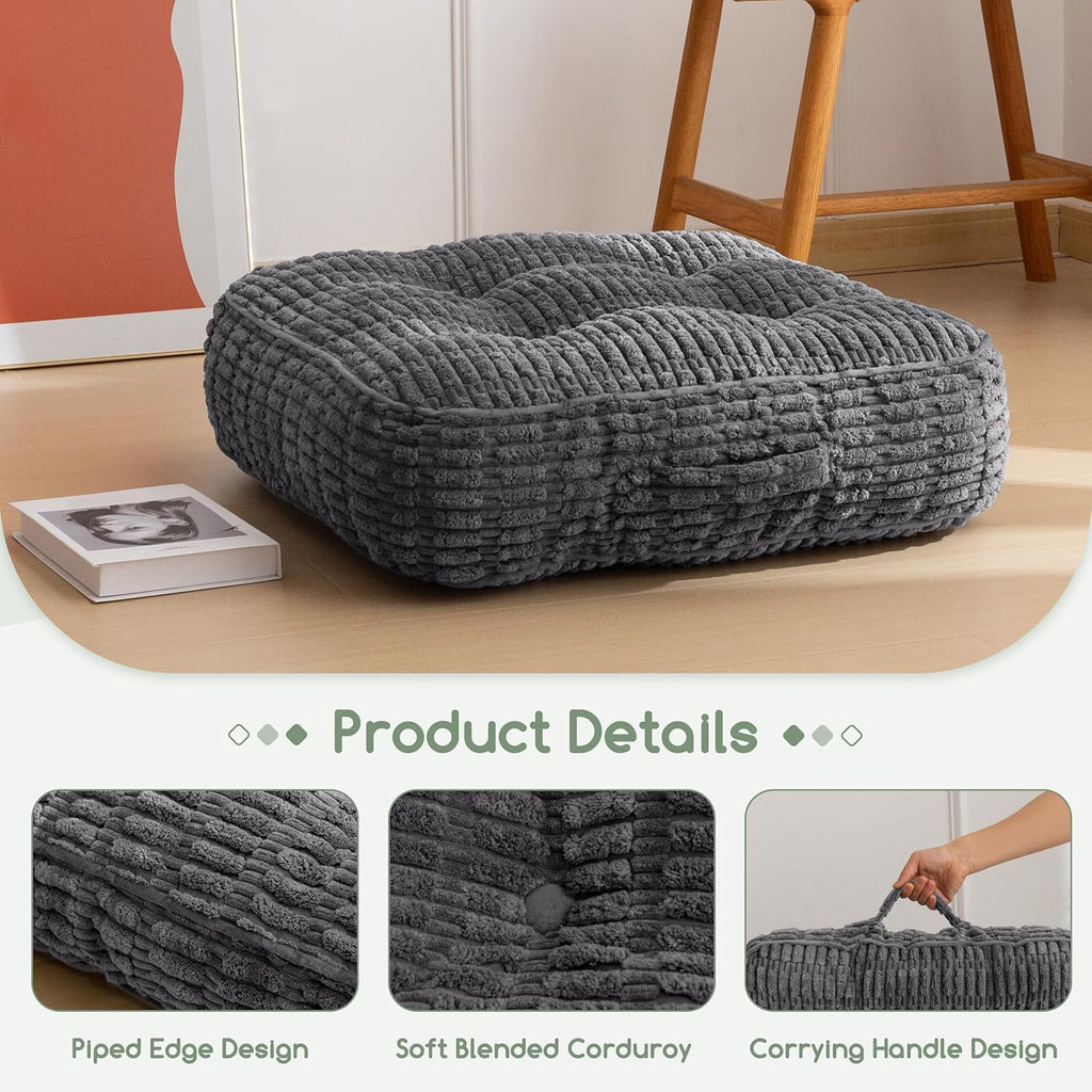 HIGOGOGO 6" Floor Pillow Cushion for Adults, Meditation Cushion Pillow, Blended Corduroy Cover, Large Square Floor Sitting for Tatami Living Room or Yoga, 2Pack, Dark Grey