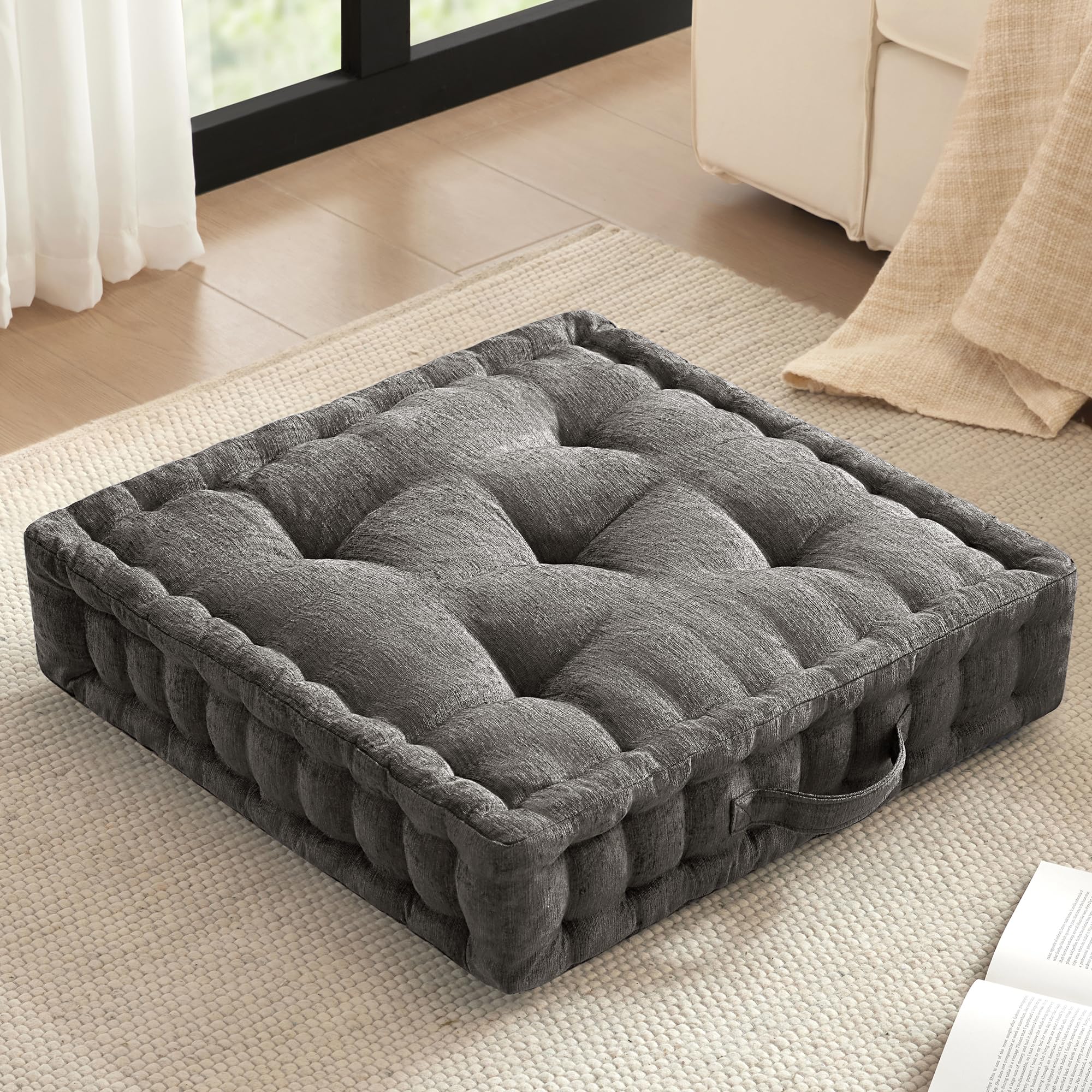 Intelligent Design Large Floor Pillow for Adults Yoga or Meditation Cushion with Handle, Floor Cushion for Board Games, Lustrous Chenille Tufted, Handsewn Scalloped Edge, Azza, 24" x 24" x 5" Ivory