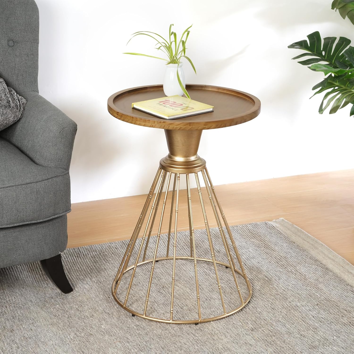 Penau Hollow Edge Retro Art Pine Side Table, Antique Gold Metal Frame with Natural Pine Top, Mid-Century Floating Round Accent Table, 25 x 18 x 18 Inchs, 110 lb Capacity