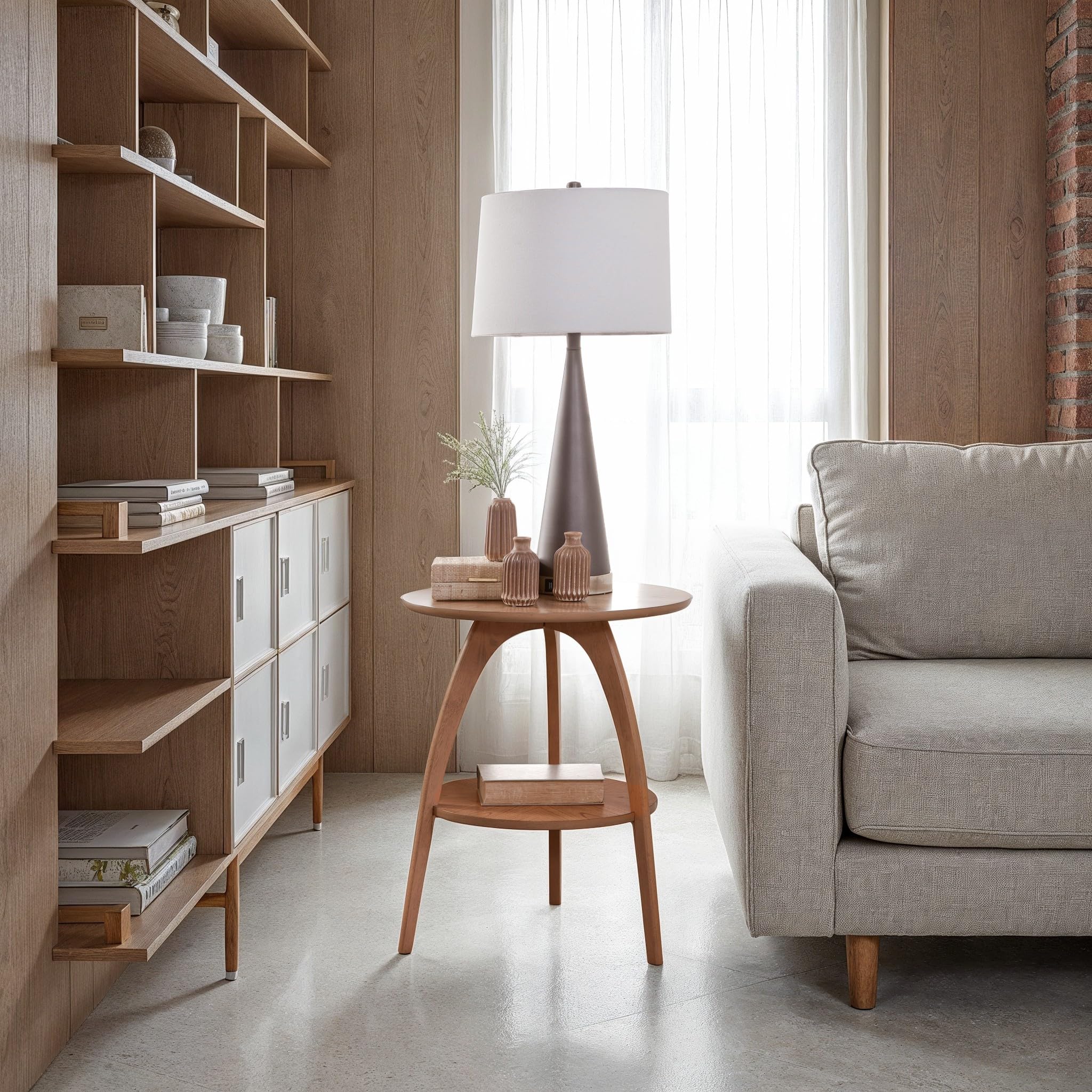 Mid-Century Modern Round Wood End Table with Shelf, Nutmeg Brown