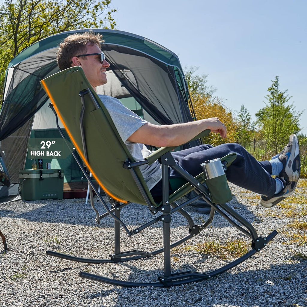 Portal Oversized Folding Rocking Camping Chair Portable Outdoor Rocker with High Back Hard Armrests Carry Bag, Supports 400 lbs
