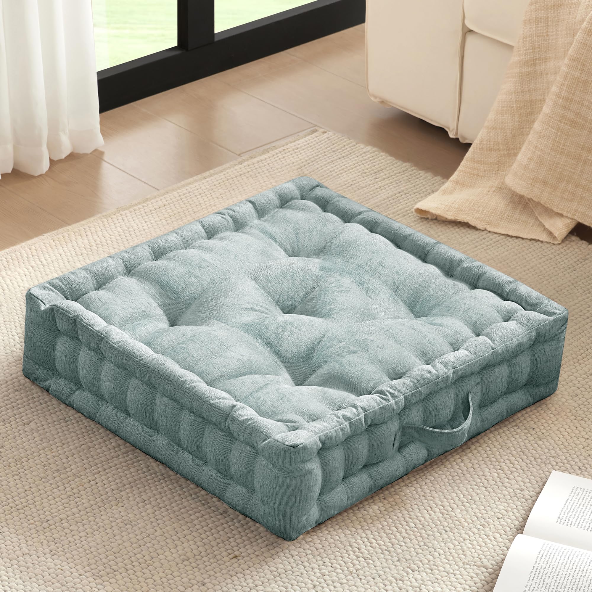 Intelligent Design Large Floor Pillow for Adults Yoga or Meditation Cushion with Handle, Floor Cushion for Board Games, Lustrous Chenille Tufted, Handsewn Scalloped Edge, Azza, 24" x 24" x 5" Ivory