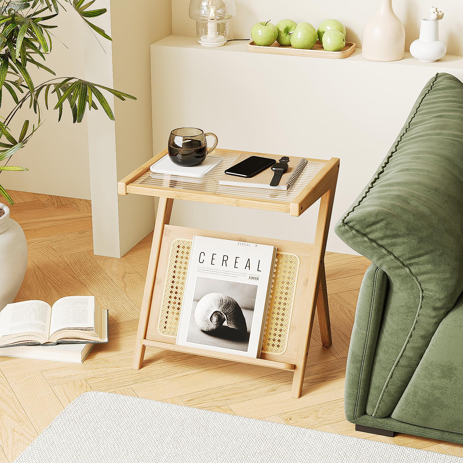 Bamworld Rattan Side Table Living Room Glasstop Night Stand Boho End Table 2-Tier with Storage Mid Century Modern Bedside Table for Small Spaces Narrow Coffee Table Bamboo