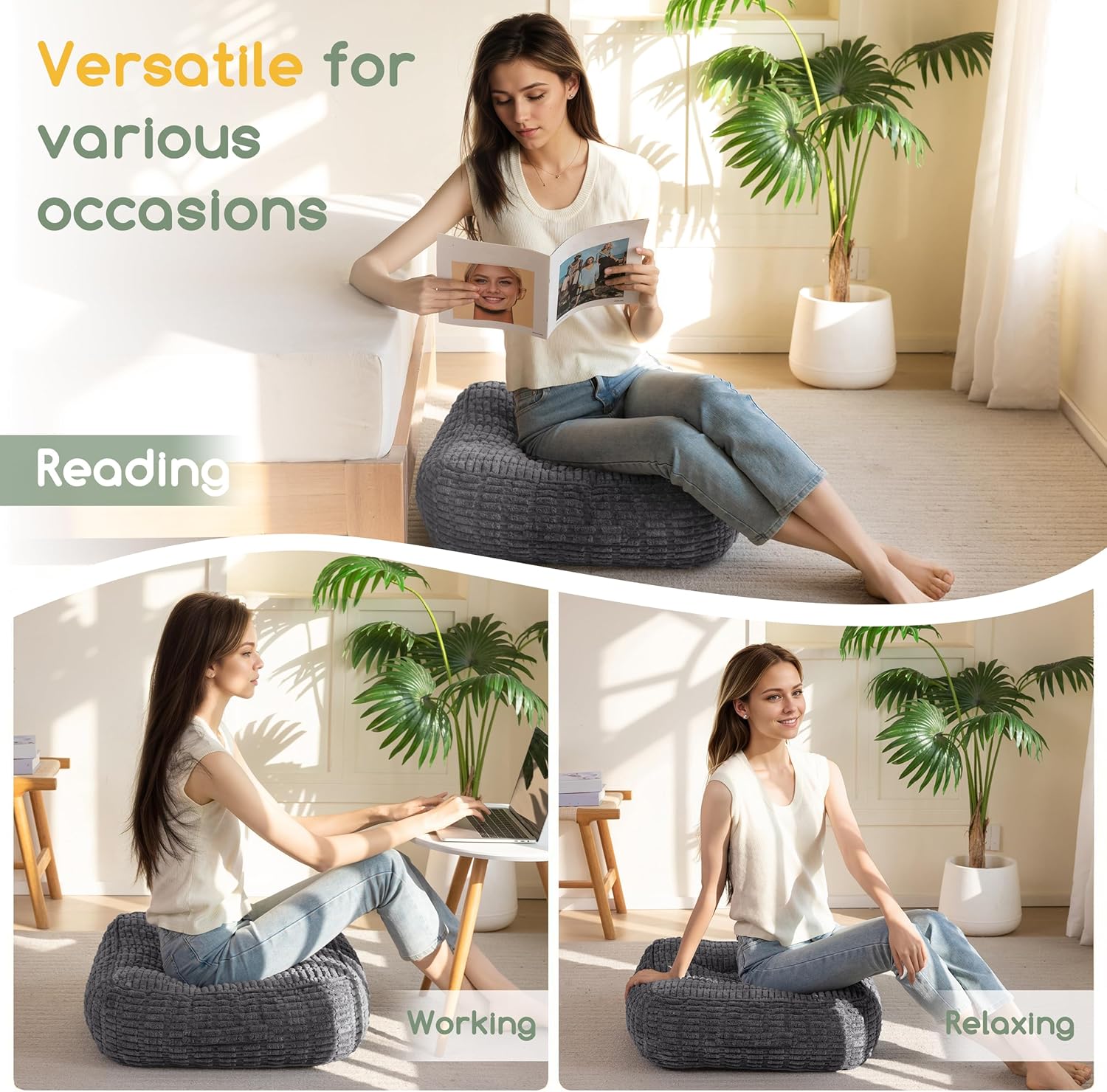 HIGOGOGO 6" Floor Pillow Cushion for Adults, Meditation Cushion Pillow, Blended Corduroy Cover, Large Square Floor Sitting for Tatami Living Room or Yoga, 2Pack, Dark Grey
