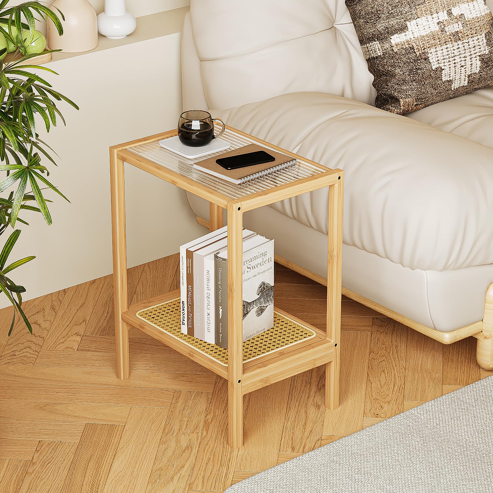 Bamworld Rattan Side Table Living Room Glasstop Night Stand Boho End Table 2-Tier with Storage Mid Century Modern Bedside Table for Small Spaces Narrow Coffee Table Bamboo