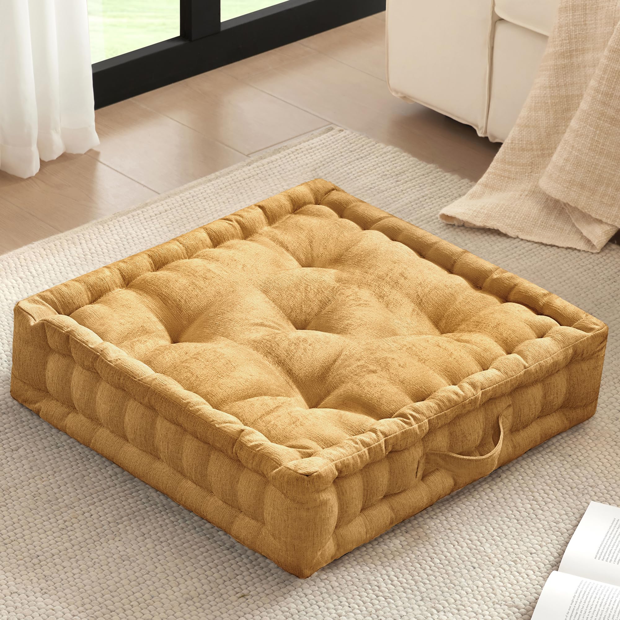 Intelligent Design Large Floor Pillow for Adults Yoga or Meditation Cushion with Handle, Floor Cushion for Board Games, Lustrous Chenille Tufted, Handsewn Scalloped Edge, Azza, 24" x 24" x 5" Ivory