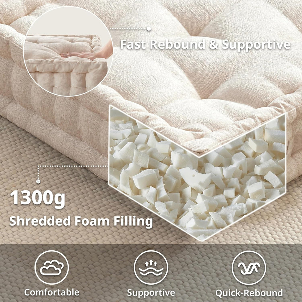 Intelligent Design Large Floor Pillow for Adults Yoga or Meditation Cushion with Handle, Floor Cushion for Board Games, Lustrous Chenille Tufted, Handsewn Scalloped Edge, Azza, 24" x 24" x 5" Ivory