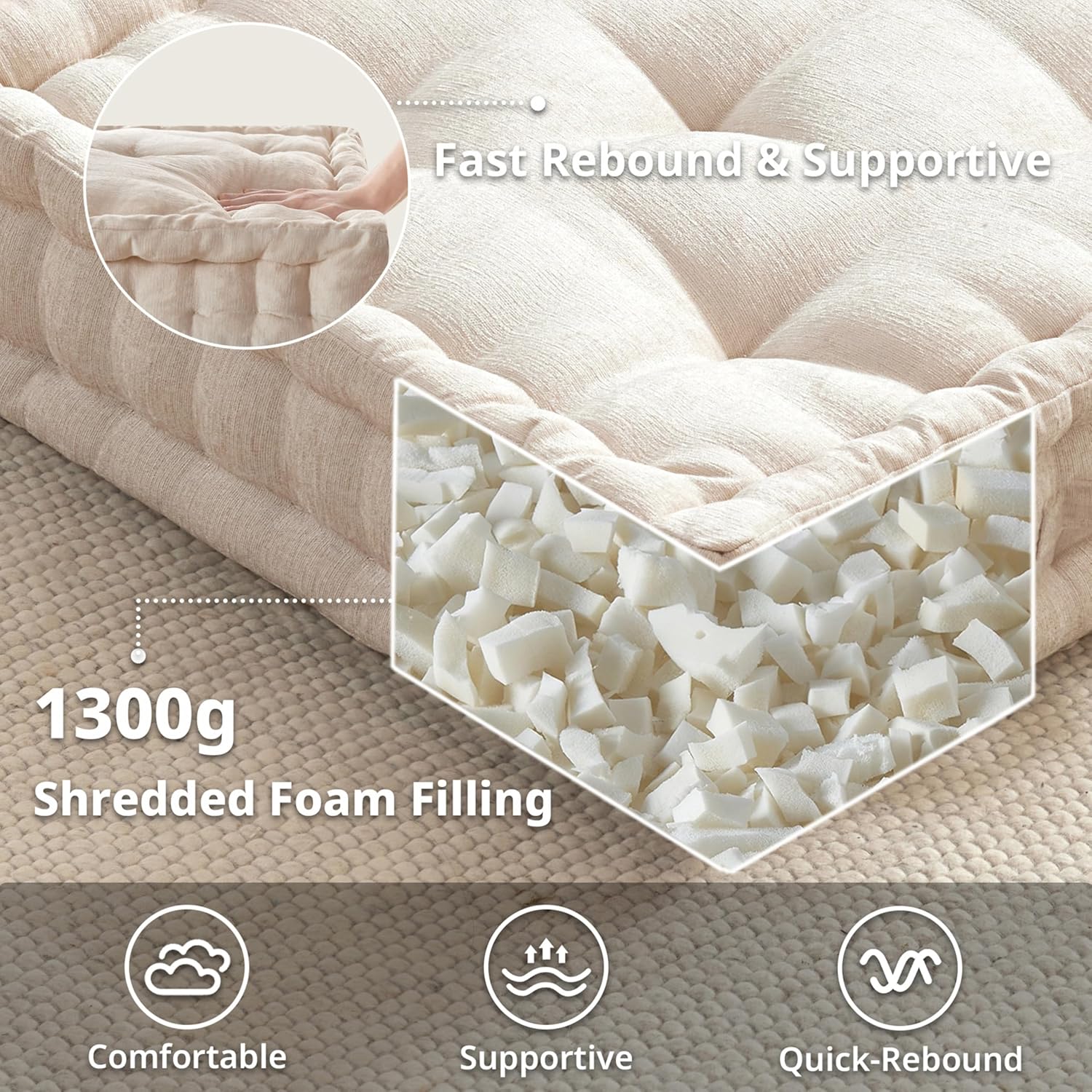 Intelligent Design Large Floor Pillow for Adults Yoga or Meditation Cushion with Handle, Floor Cushion for Board Games, Lustrous Chenille Tufted, Handsewn Scalloped Edge, Azza, 24" x 24" x 5" Ivory