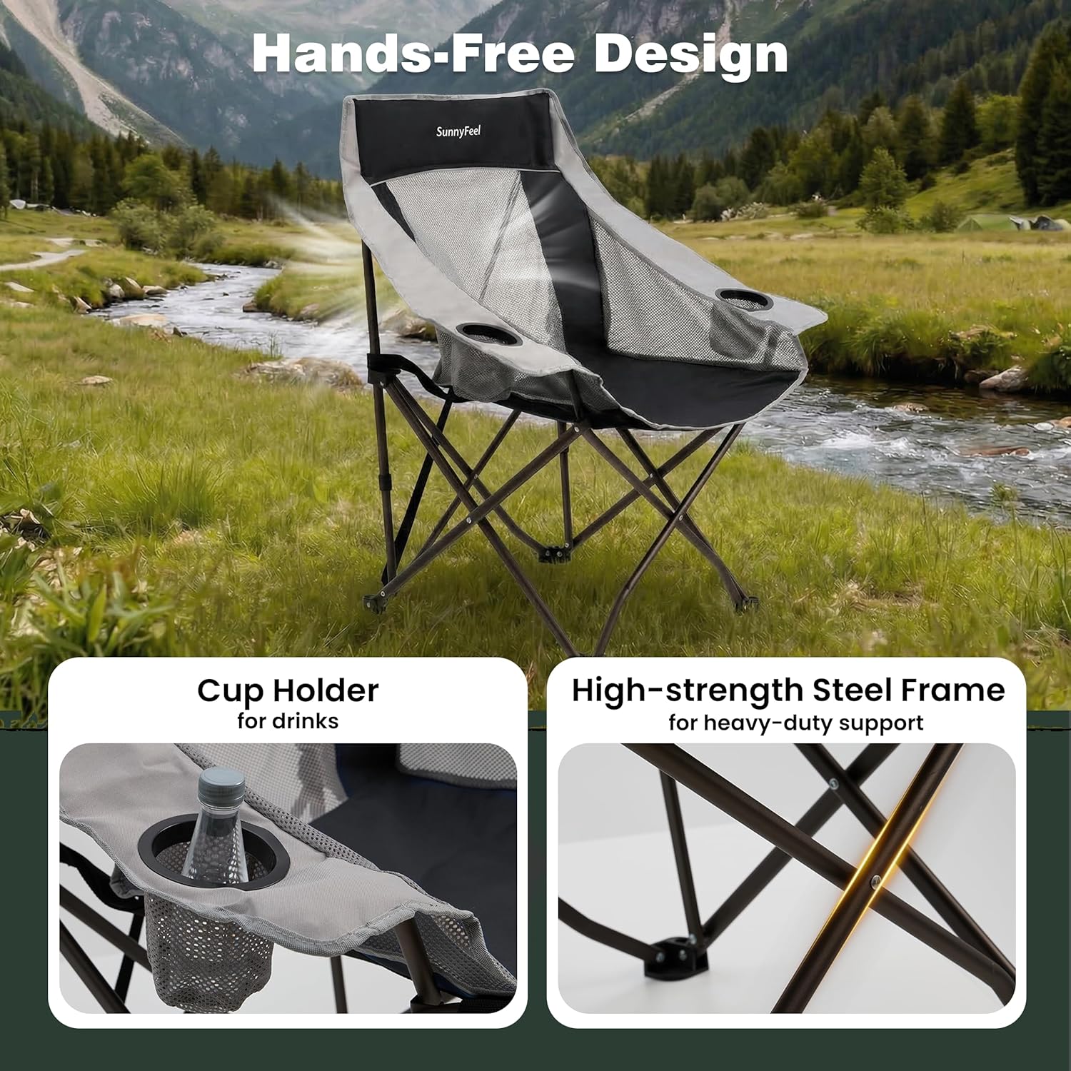 SUNNYFEEL Lightweight Oversized Camping Chairs for Adults Portable Folding Chair with Side Pockets & Cup Holde for Beach,Fishing,Trip,Picnic,Lawn,Concert Outdoor, Carry Bag Included